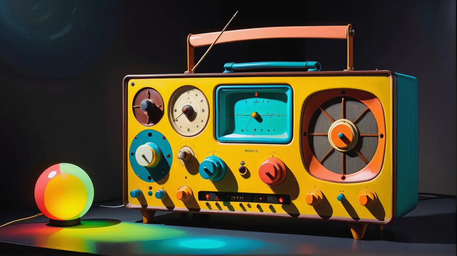 A painting in the style of Arshile Gorky of an old time radio against a dark background, vivid colors and luminescent glow.