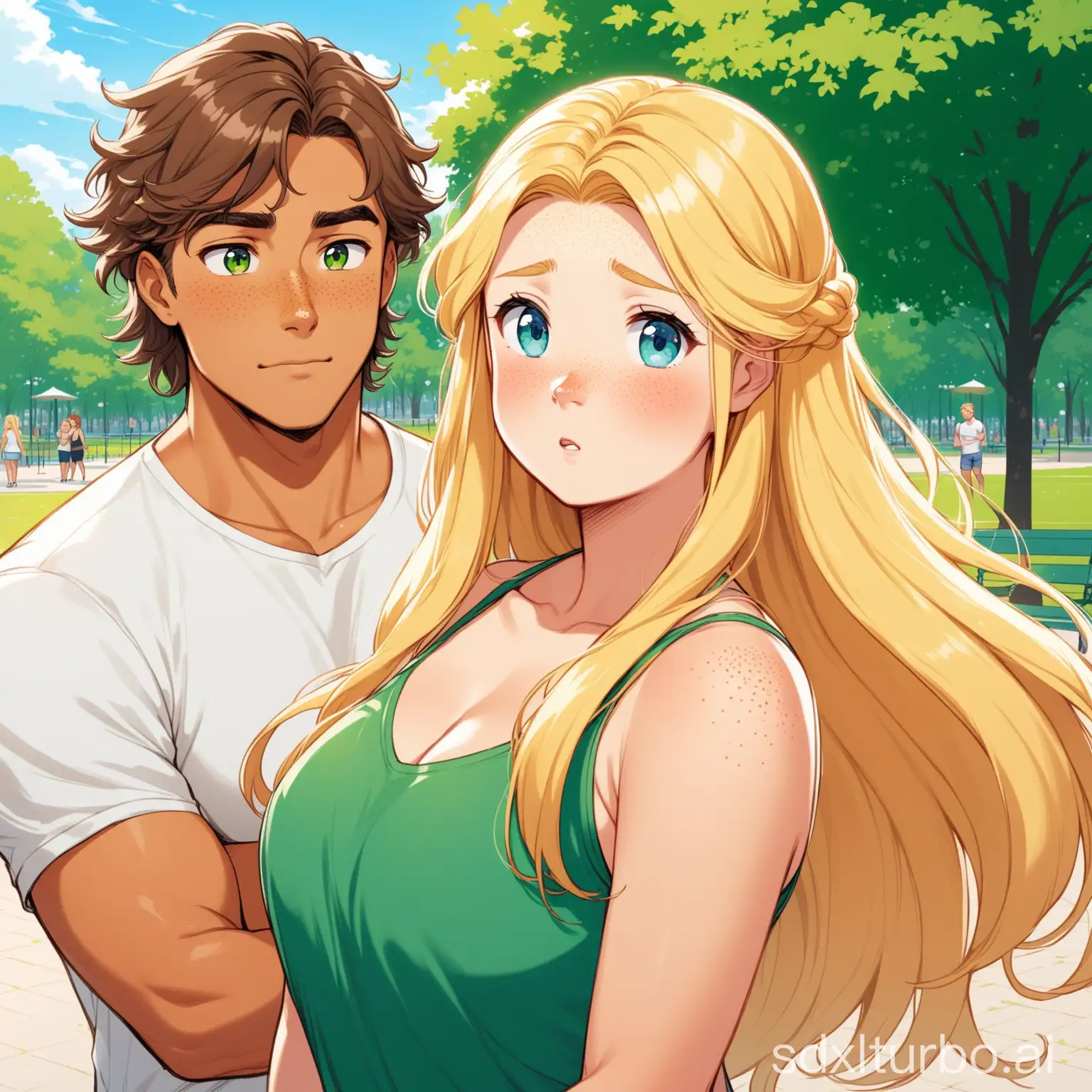 a handsome tanned chubby and young man, with brown mullet hair and green eyes, annoying a scandinavian blonde girl, with blue eyes, frizzy long hair and bangs, freckles, blushing expression, in a park, full view