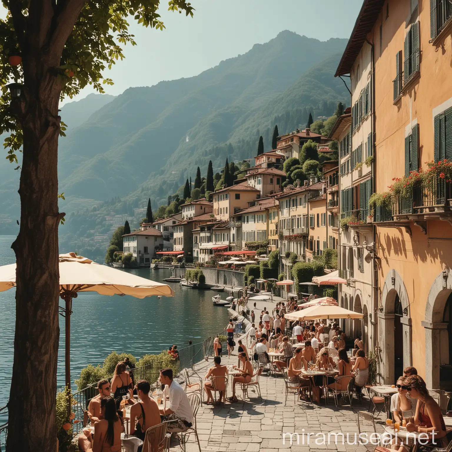 oldschool aesthetic of lake como in Italy with people hanging out and having drinks and a good time
