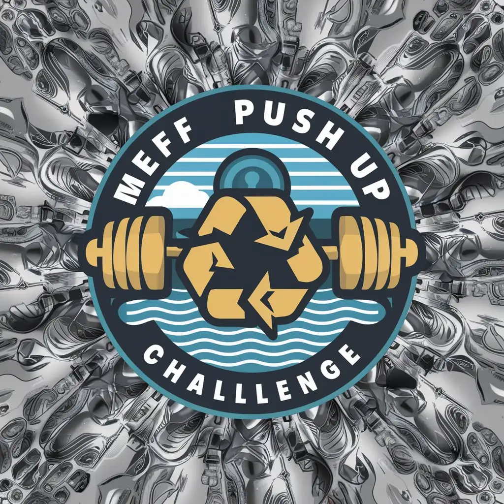 a logo design,with the text "MEFF Push Up Challenge", main symbol:MEFF, Fitness, Recycling, Ocean,complex,clear background