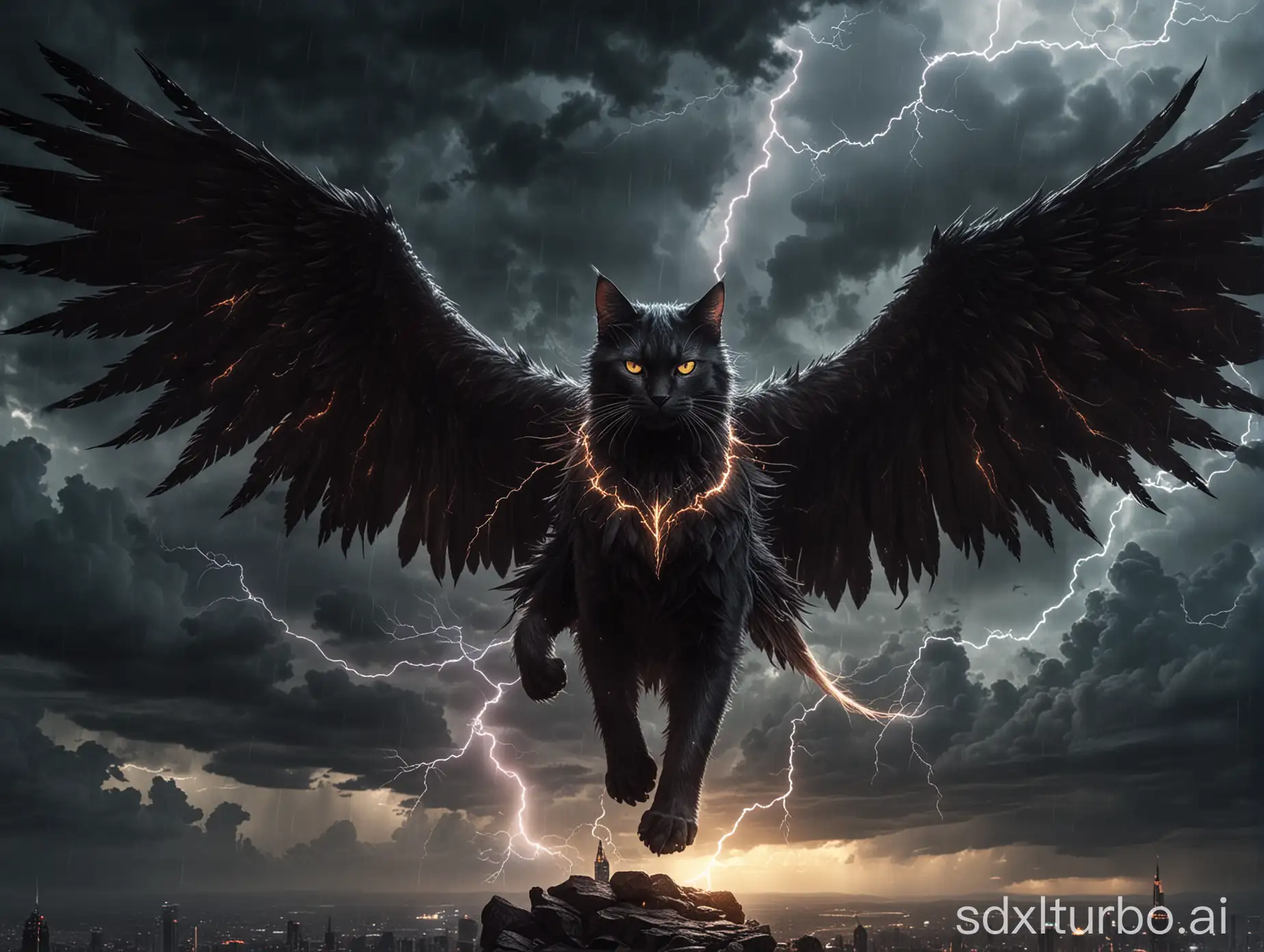 Dark clouds, lightning, demonic wings, majestic, Cat King, uhd 16:9