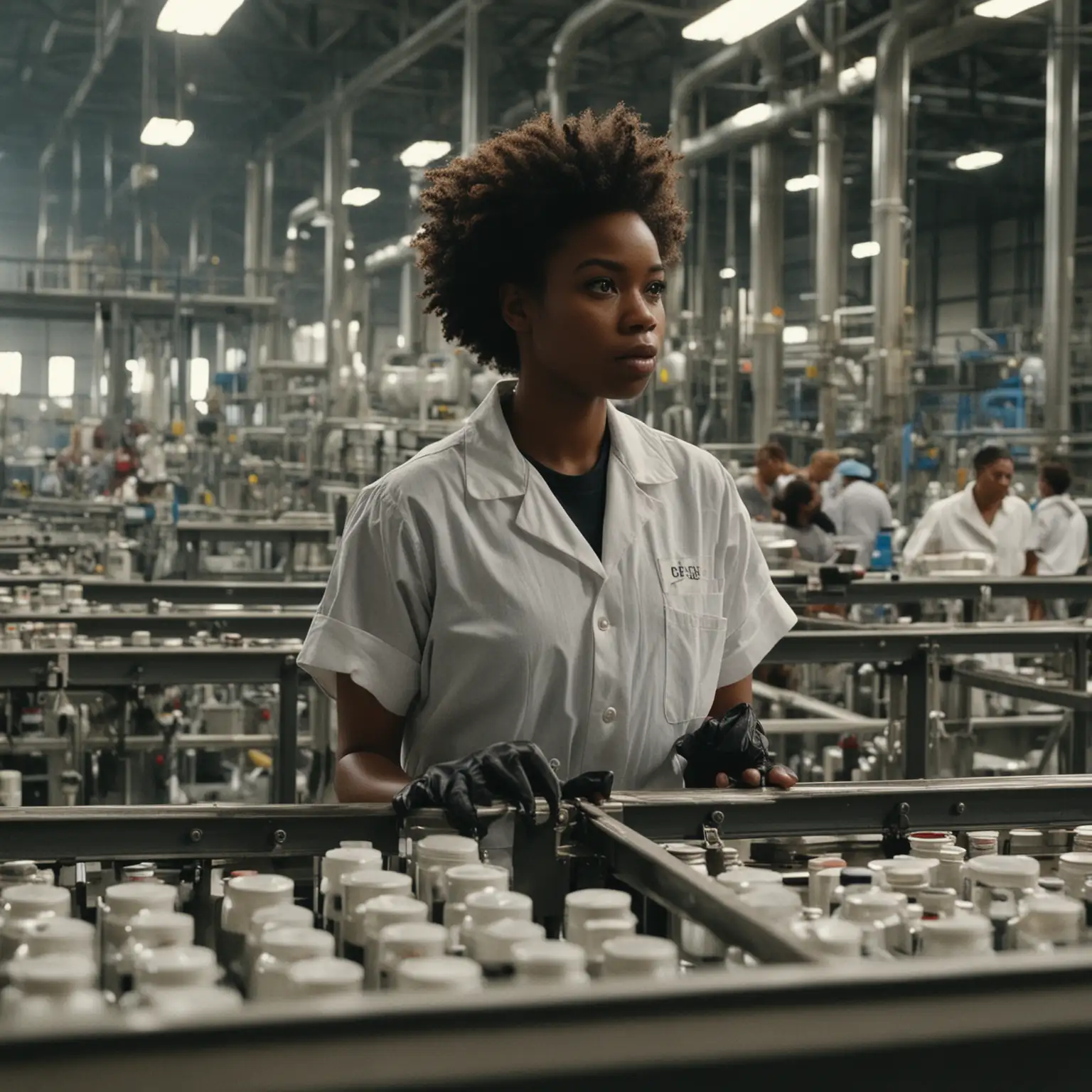 
wide shot of a black woman in a chemical factory. we're behind her as she's monitoring something on a conveyer belt. 
