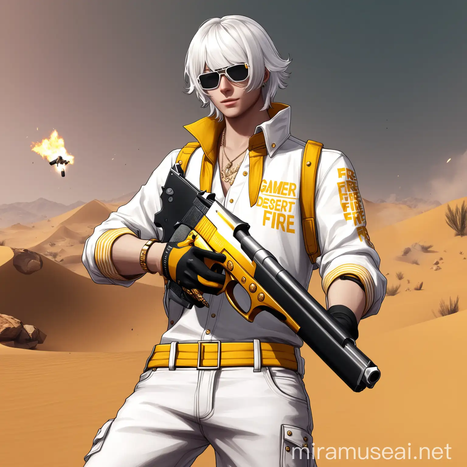 Free fire ,man,  aesthetic, holds a desert eagle, White hair, free fire outfit, gamer