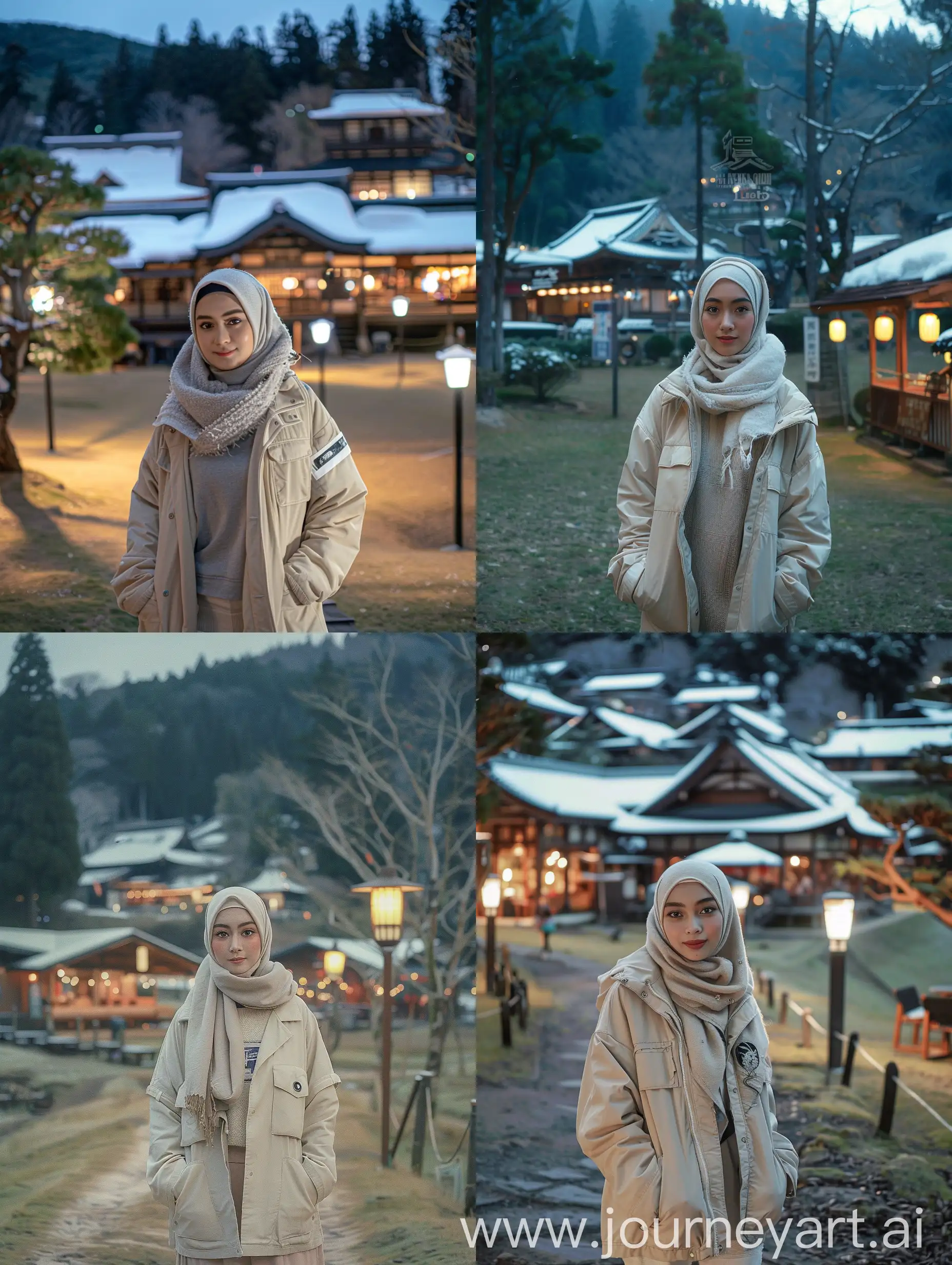 Java-Hijabi-Woman-in-Cream-Trucker-Jacket-amidst-Japanese-Architecture