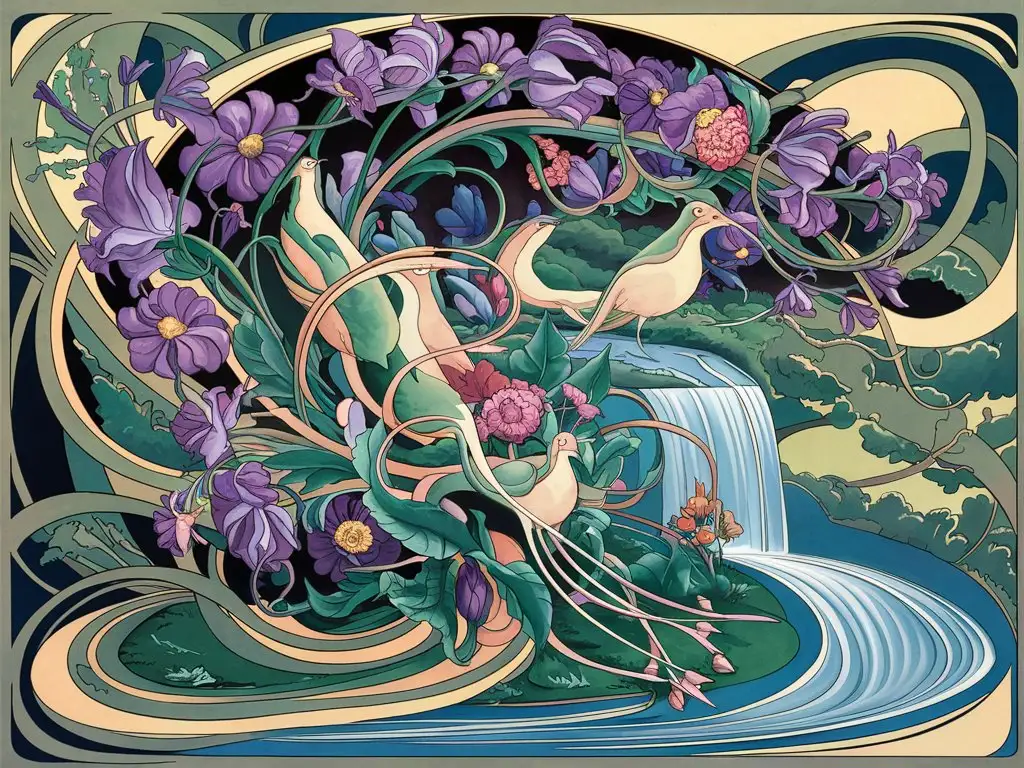 Elegant Art Nouveau Nature Painting with Floral Patterns