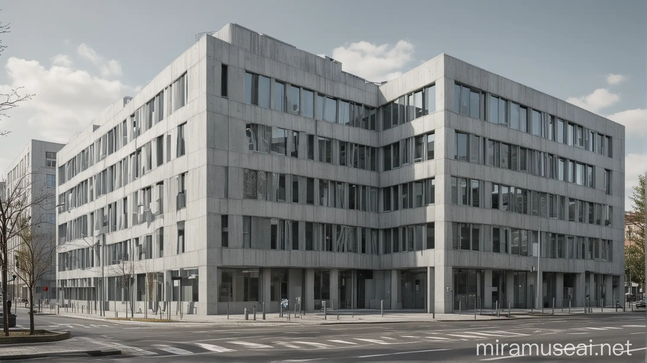 an office building for a state agency in an European city, modern, but greyish colour palette, photorealistic
