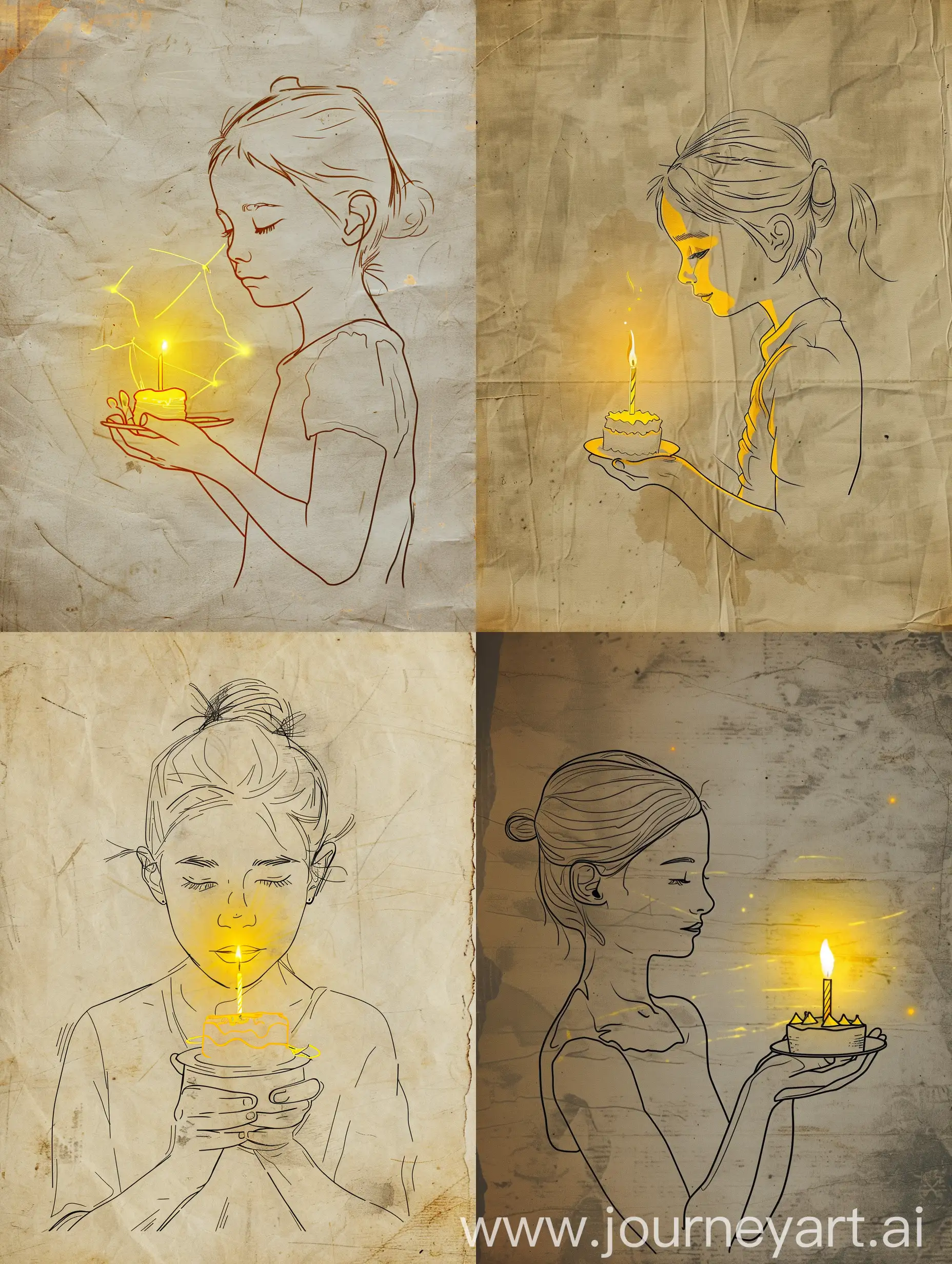 a very simple and minimalist outline sketch/line drawing portrait on old paper depicts a young girl holding a small cake with one lit candle on it. The yellow light from the candle illuminates her face in the drawing, creating the illusion of three-dimensional depth on the minimalist outline illustration.