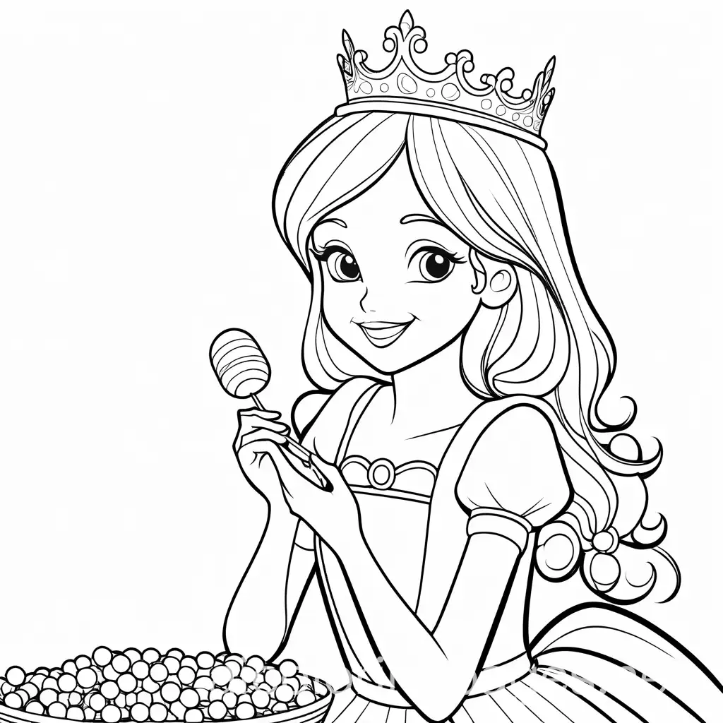 smiling princess eating candy 
, Coloring Page, black and white, line art, white background, Simplicity, Ample White Space. The background of the coloring page is plain white to make it easy for young children to color within the lines. The outlines of all the subjects are easy to distinguish, making it simple for kids to color without too much difficulty