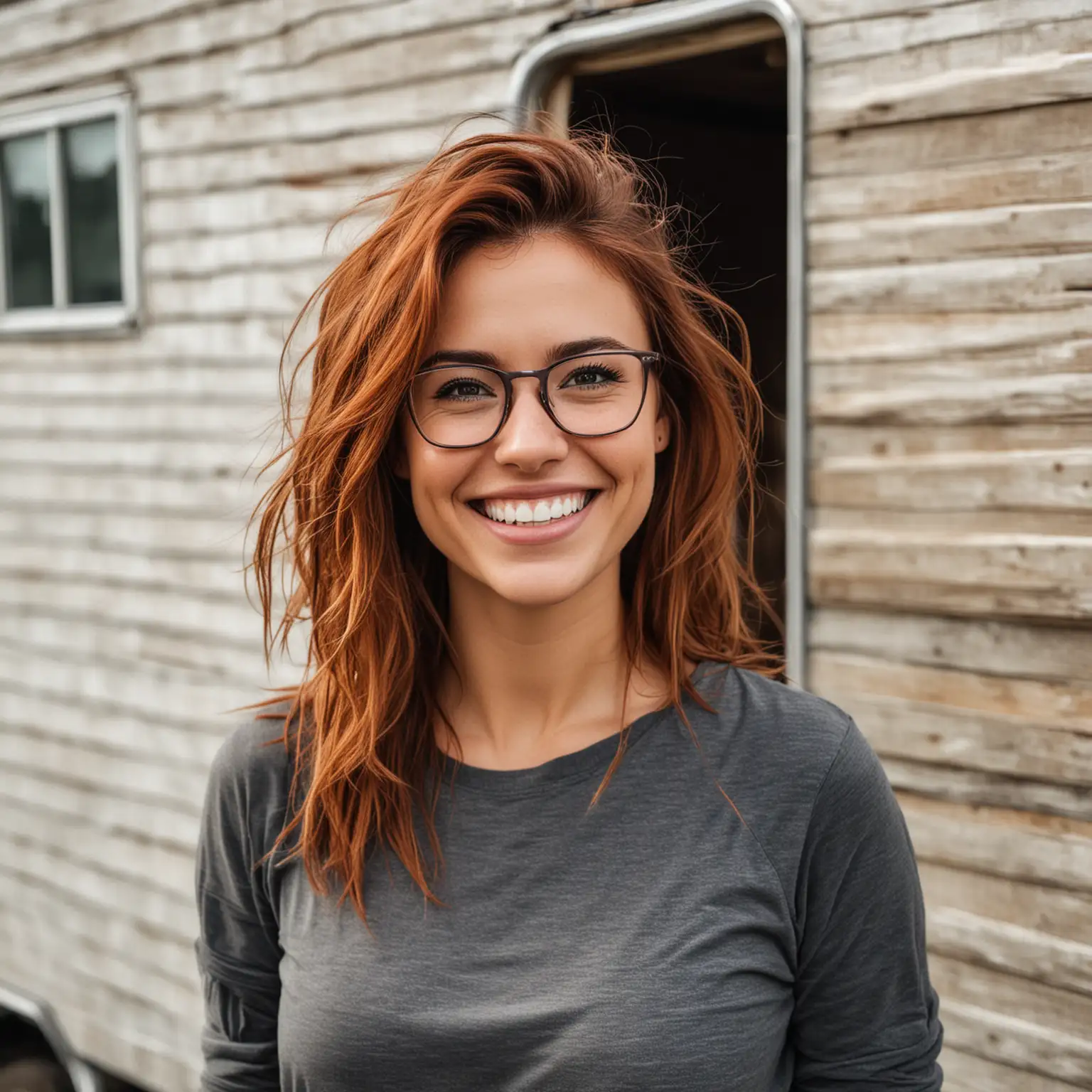  28-year-old fit woman, who is attractive with white teeth, glasses, a tilted head, auburn messy hair, and a stunning smile, stands in front of a trailer home.
