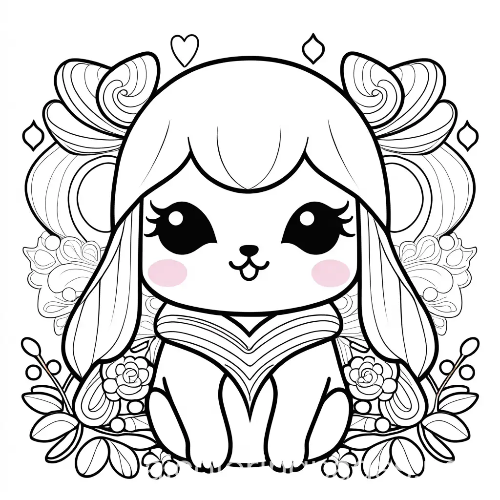 Kawaii, Coloring Page, black and white, line art, white background, Simplicity, Ample White Space