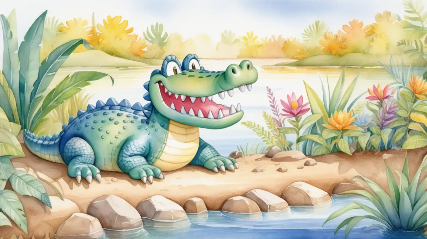 A fun, playful watercolor illustration suitable for young children, featuring a friendly alligator on the right side basking on the bank of a sunny river, with a wide toothy grin, surrounded by colorful, simple plants. The scene should be bright and cheerful in a 16:9 ratio.