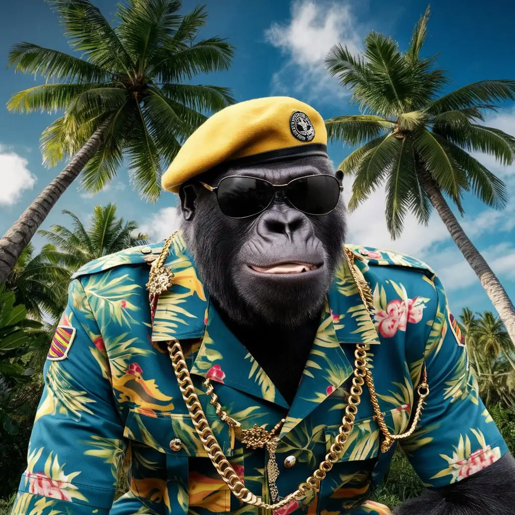 Gorilla is wearing yellow hawaiian pattern military clothes with ornaments and gold chains.
He also wears a yellow beret and dark sunglasses.
He is standing with palm trees behind him. selvatic pov view