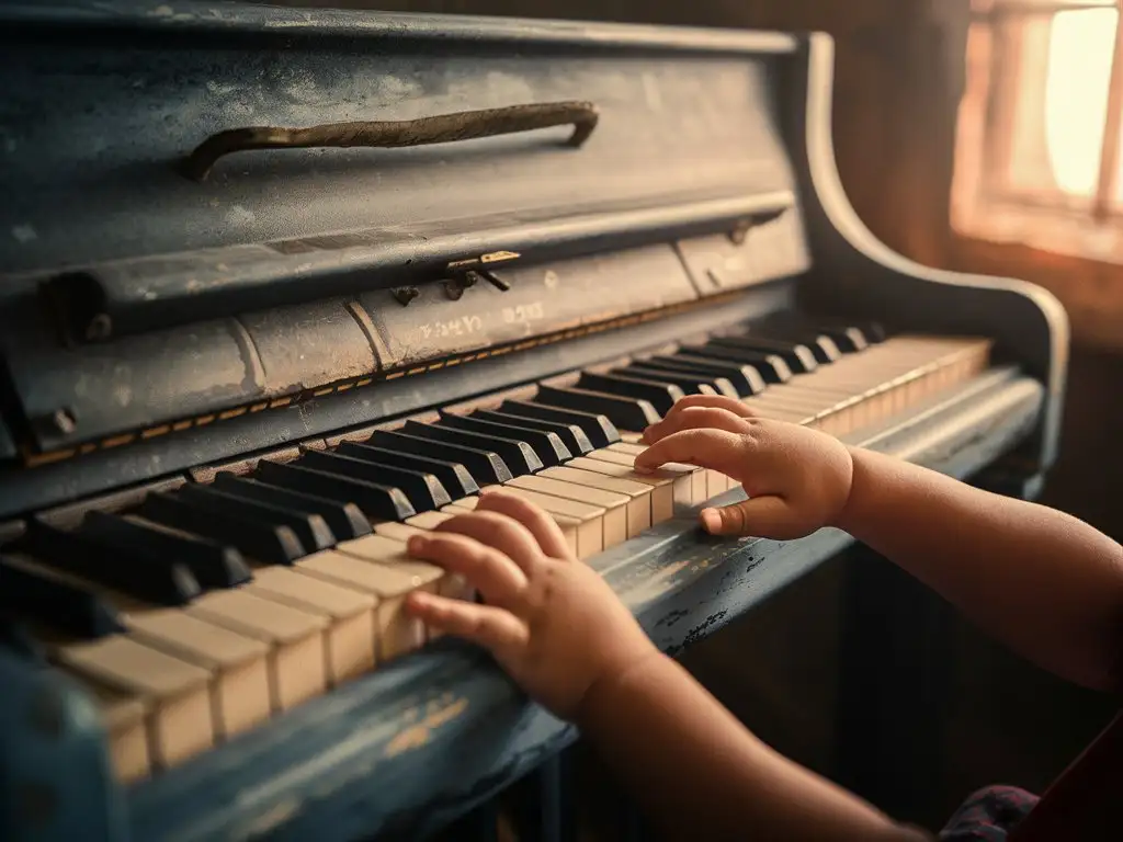 The video starts with an old piano, the camera slowly zooms in on the keys, then slowly pans up to show a child's fingers gently dancing on the keys.