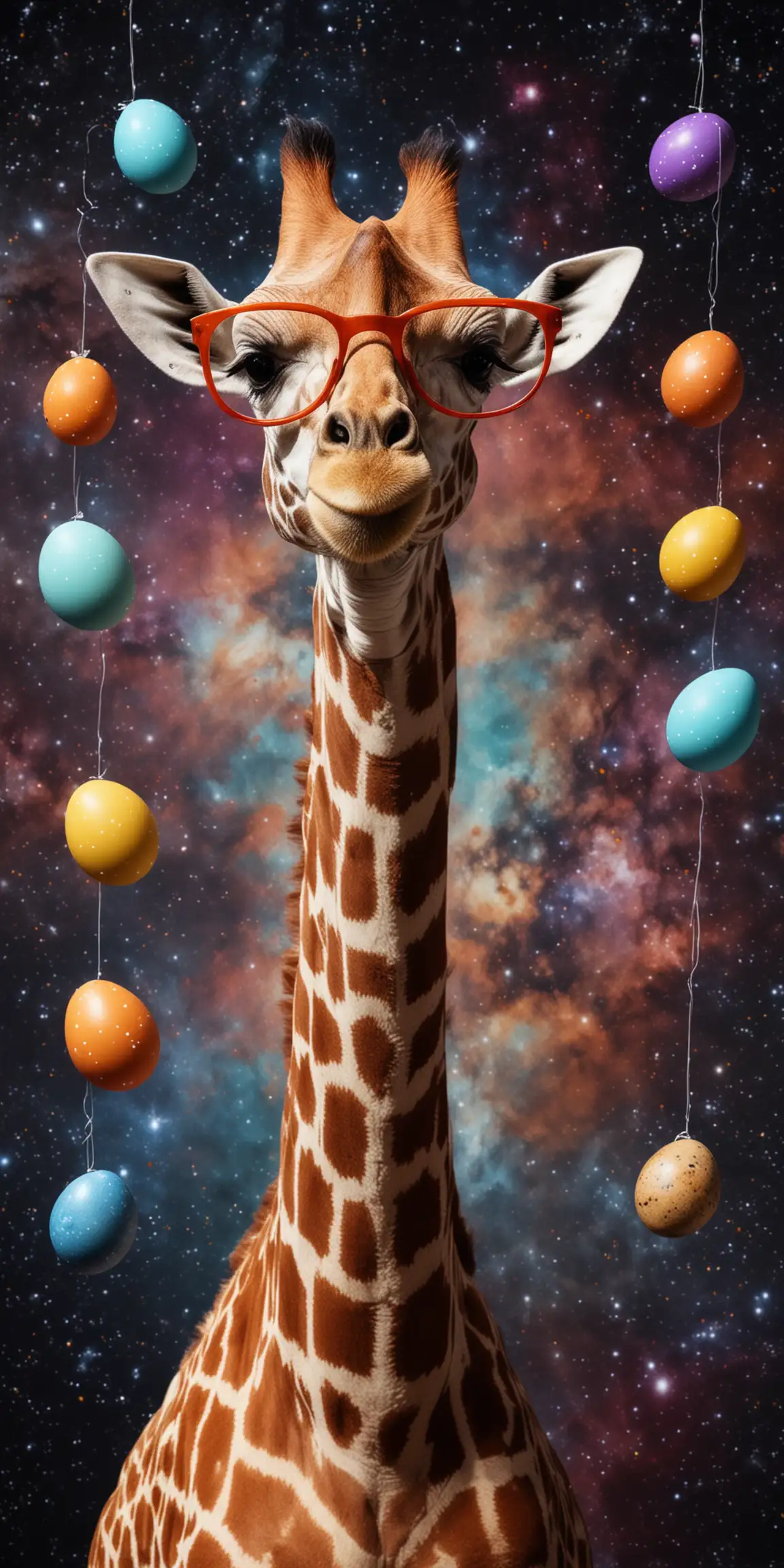 Giraffe with glasses in the space with ostern eier