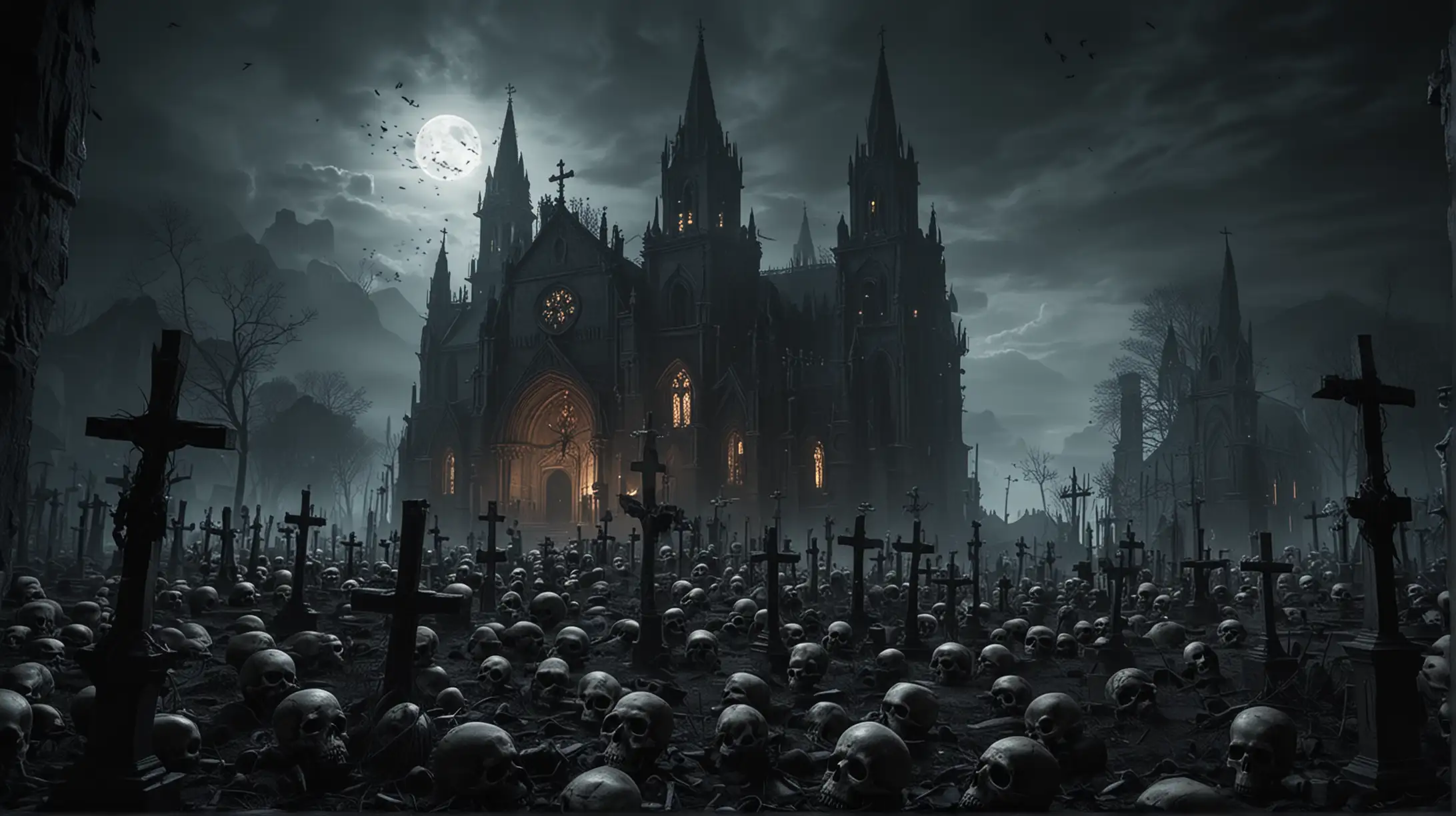 Eerie Skull Cemetery Surrounded by Foreboding Church