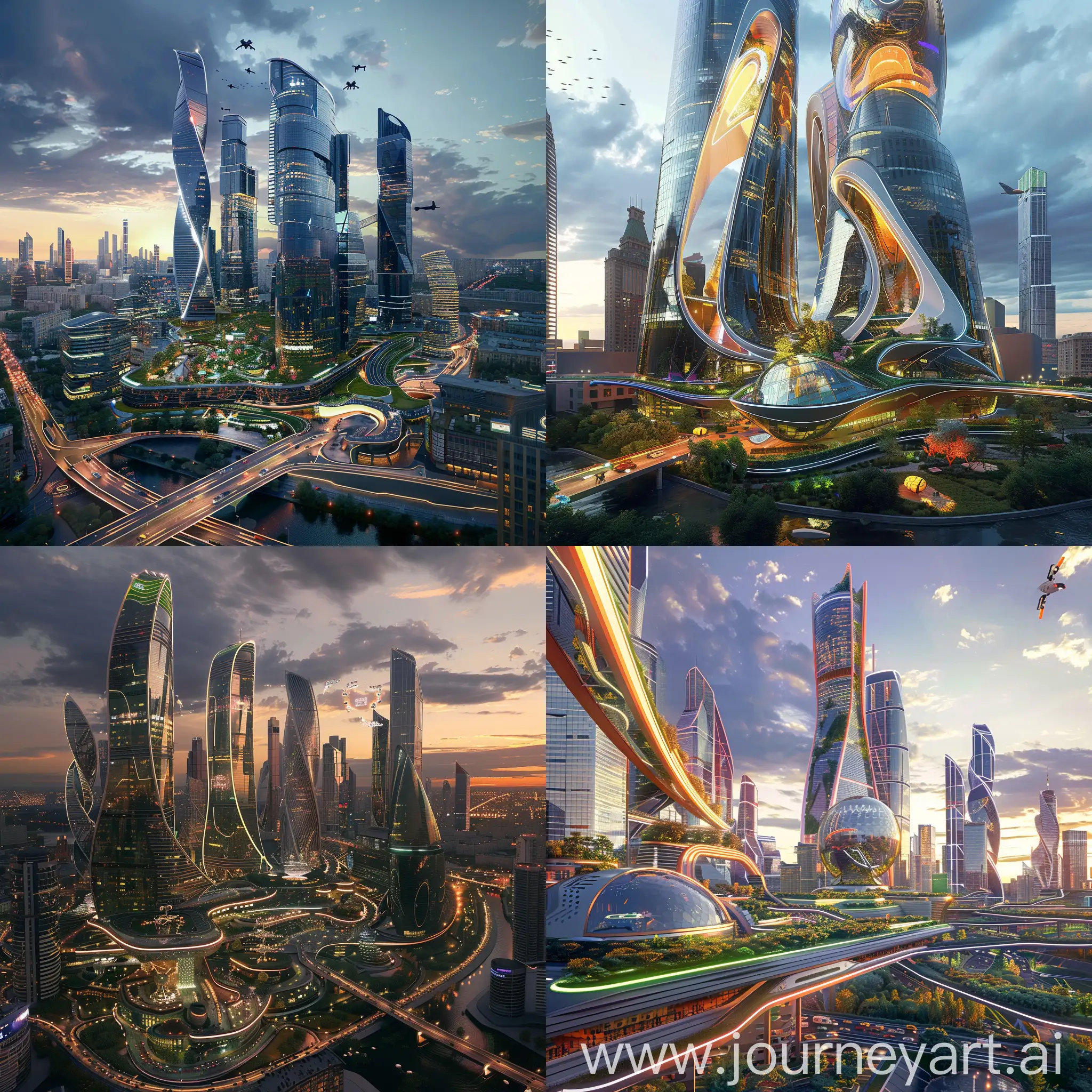 Futuristic Moscow, Dynamic Lighting Systems, .Multi-Layered Living Spaces, Integrated AI Assistants, Biometric Security Systems, Sky-High Gardens, High-Speed Transit Systems, Interactive Public Displays, Personalized Learning Environments, Advanced Climate Control Systems:, Holographic Entertainment, Sky-Piercing Towers:, Kinetic Facades, Integrated Skybridges, Vertical Greenery, Solar Roofscapes, Kinetic Public Sculptures, Hyperloop Stations, Neon Accents and Lighting Systems, Personalized Rooftop Gardens, Drone Landing Pads, in high tech style, in unreal engine 5 style --stylize 1000
