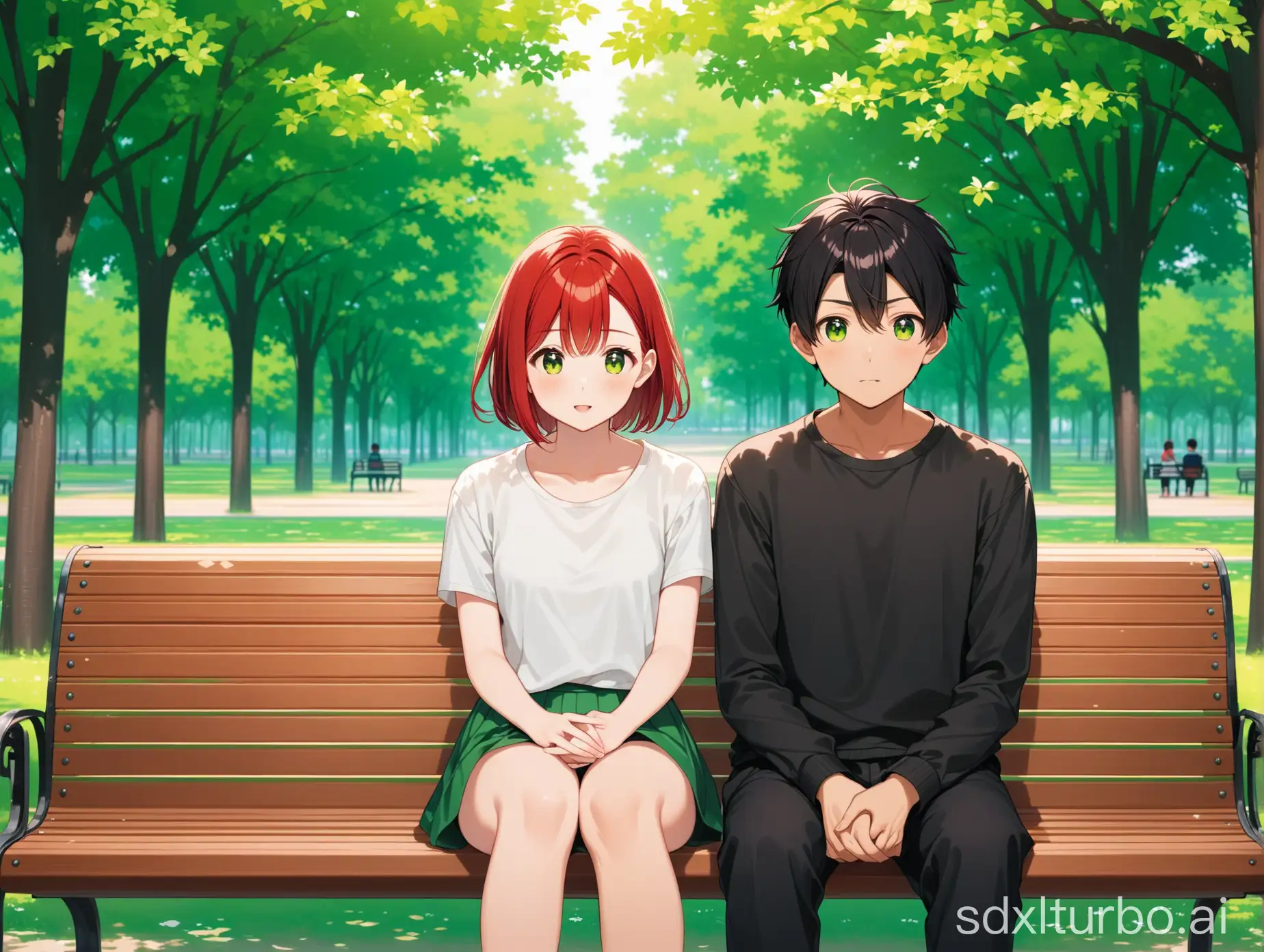 a red-haired boy and a black short-haired girl sitting on a bench in a park with green trees in front view