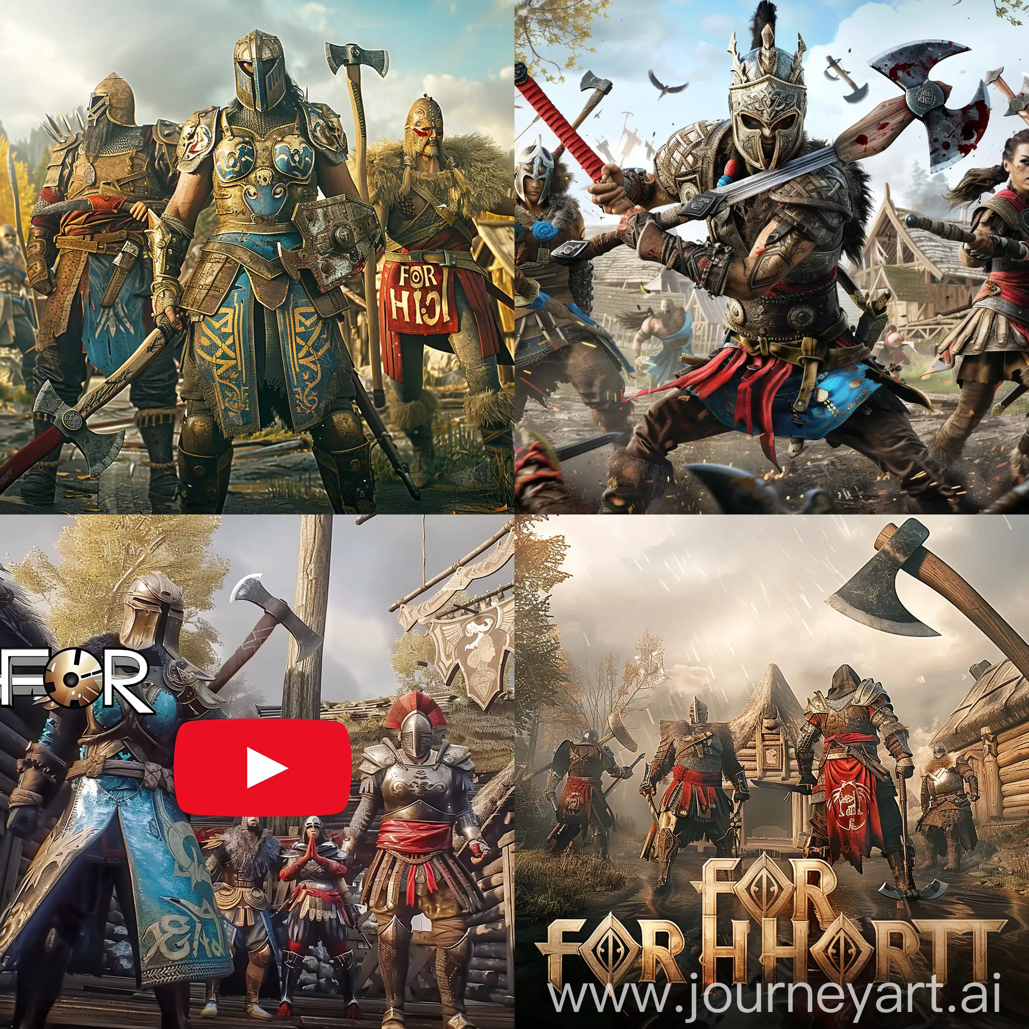 create a preview image for a YouTube video. It should have the characters of the video game FOR HONOR and the elements of video editing, the background is a wooden village, axes, swords