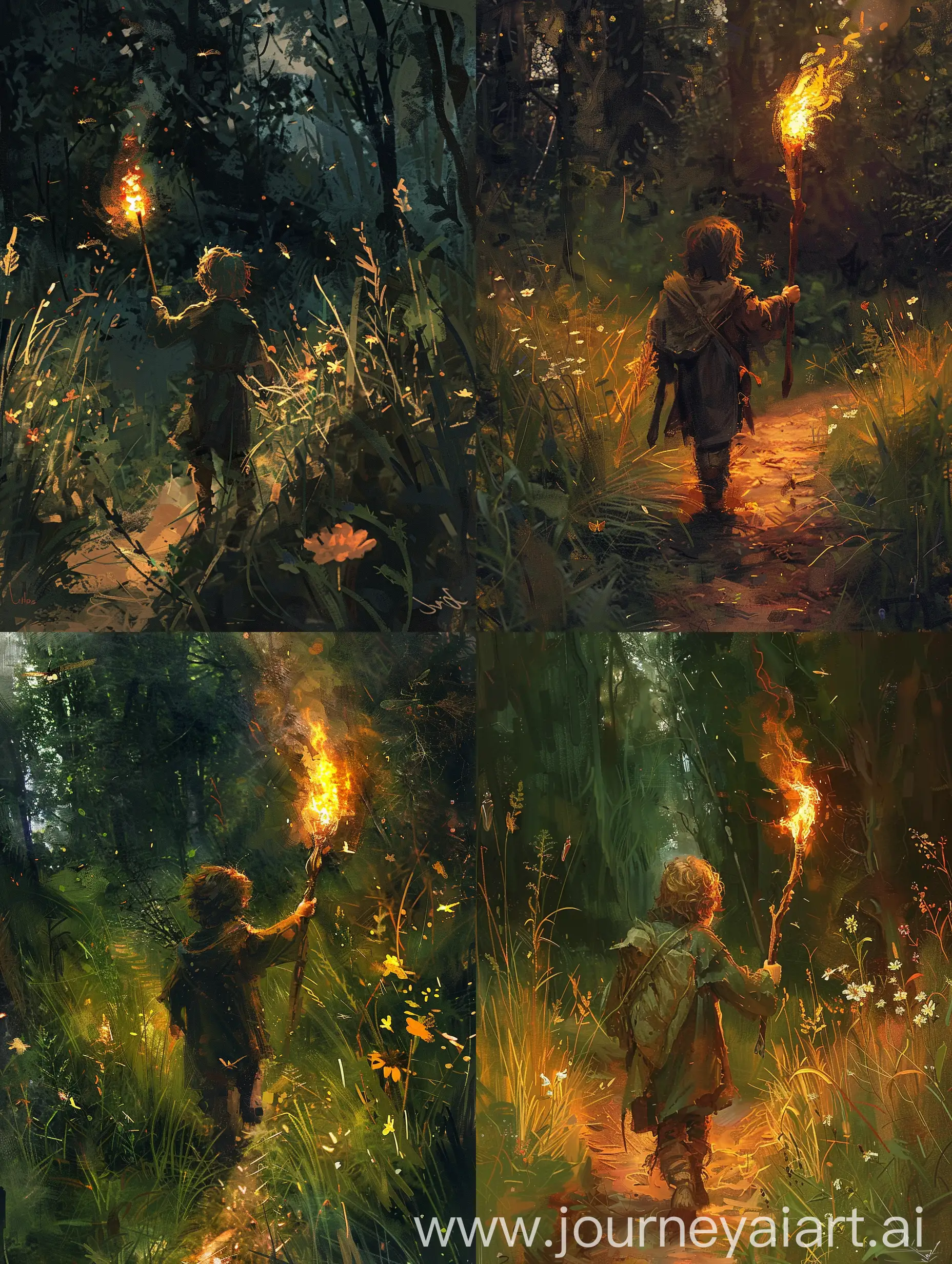 Abstraction & realism painting style, Sad Frodo walking solo in the woods holding torch lifght, noght scene,the torch have some insects because they are attract to the light of the torch,grasses,flowers,pathway,wide angle,cinematic
