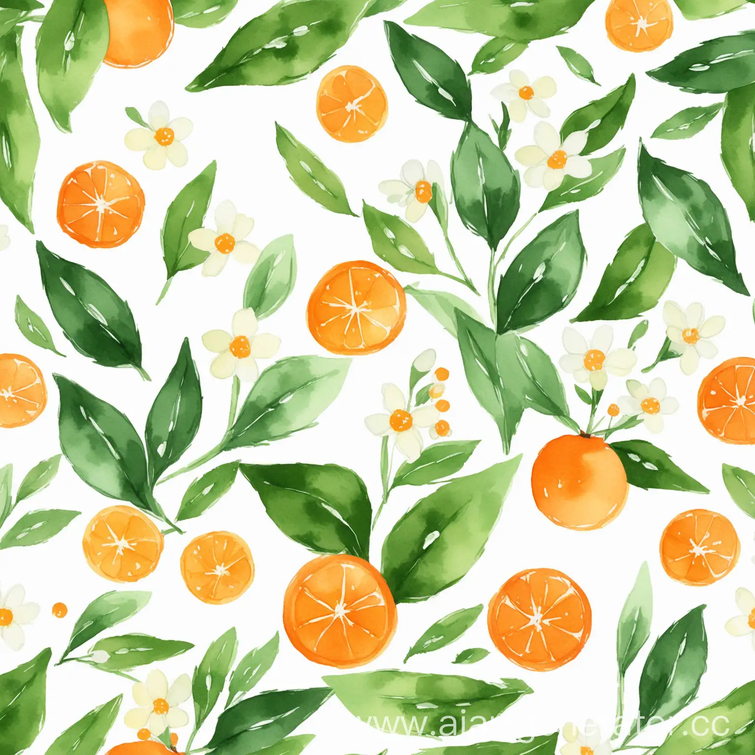 оранжевый принт для платка с маленькими белыми цветочками с зелеными листьями акварельный в стиле минимализм