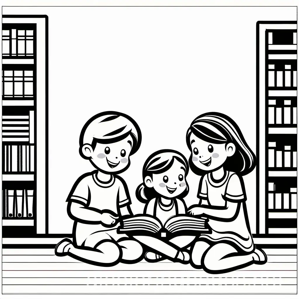 Two boy and two girls playing watching books cartoon black and picture for painting small kids , Coloring Page, black and white, line art, white background, Simplicity, Ample White Space. The background of the coloring page is plain white to make it easy for young children to color within the lines. The outlines of all the subjects are easy to distinguish, making it simple for kids to color without too much difficulty