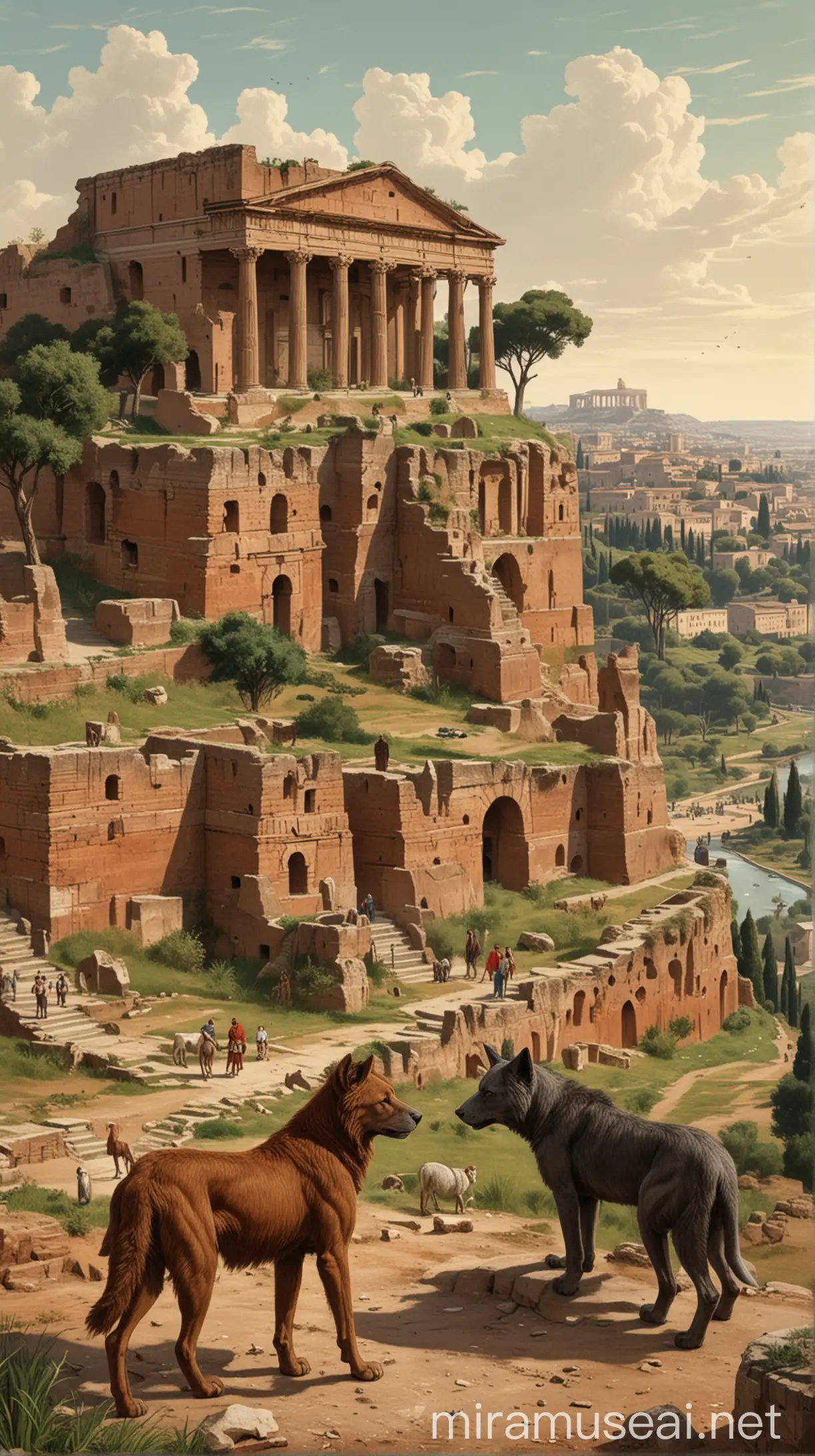 An illustration of Romulus and Remus standing in front of the Palatine Hill, with a small settlement in the background. hyper realistic
