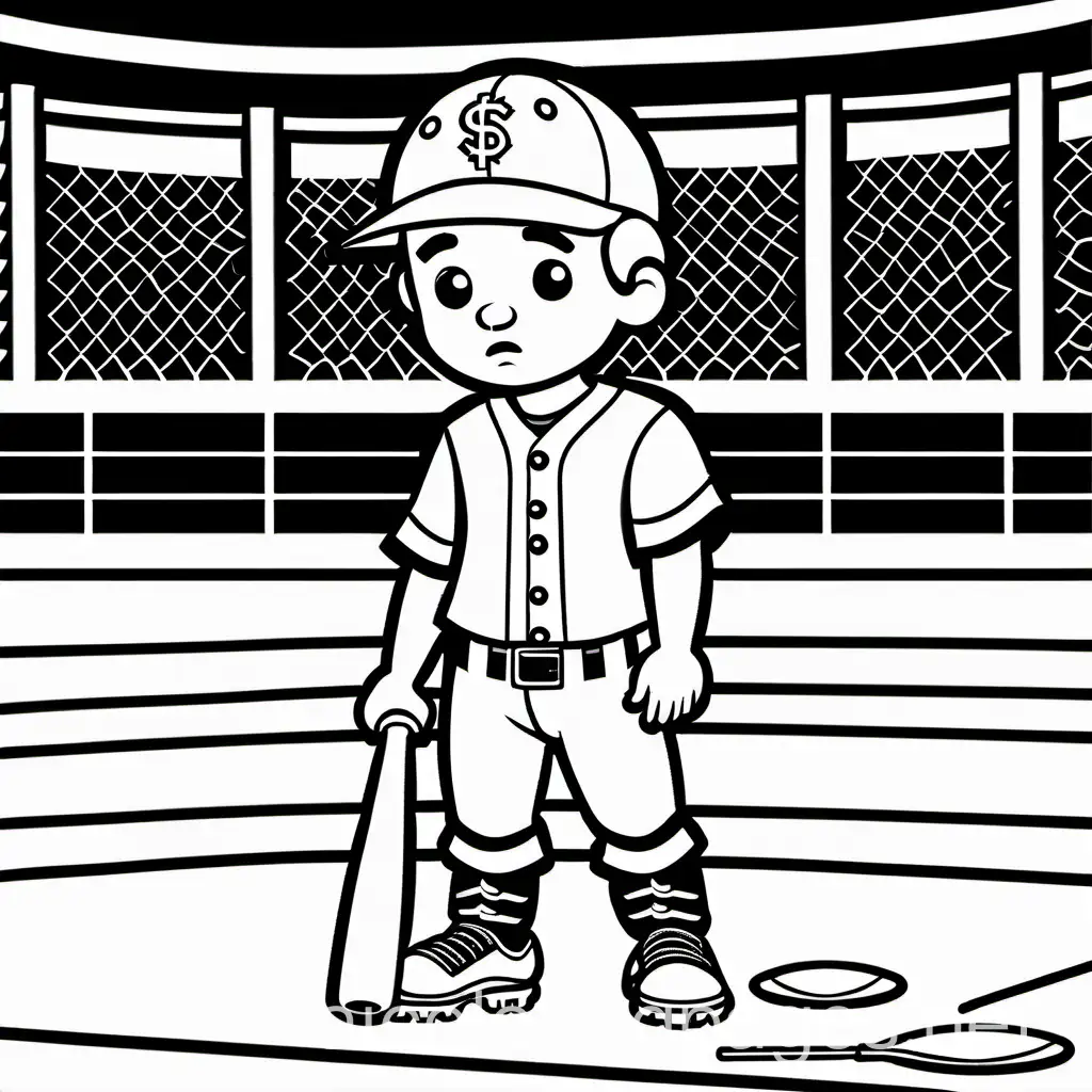 a sad boy with a bat in a baseball field
, Coloring Page, black and white, line art, white background, Simplicity, Ample White Space. The background of the coloring page is plain white to make it easy for young children to color within the lines. The outlines of all the subjects are easy to distinguish, making it simple for kids to color without too much difficulty