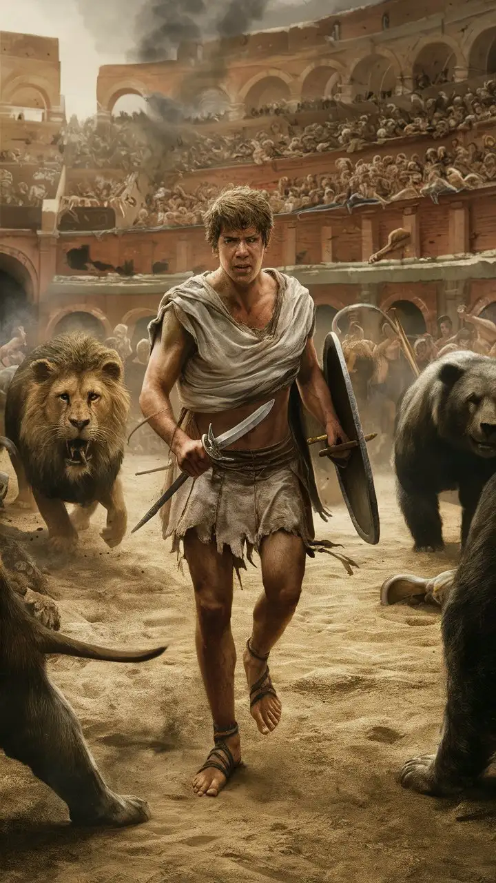 Prisoner Fighting Wild Animals in Ancient Rome Arena