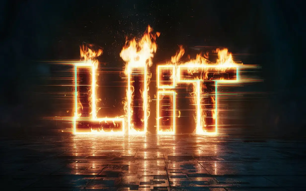 the word lit on fire glitch effect, distorted effect, some pixelize effects on a dark surface