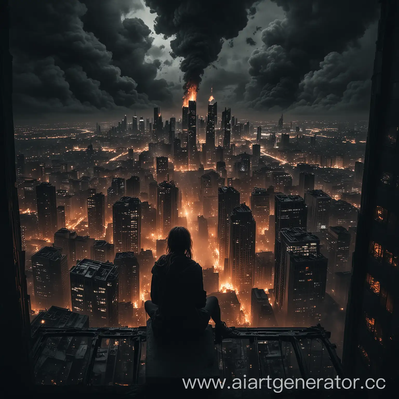 Человек сидит на небоскрёбе и смотрит на ночной город в огне, вокруг апокалипсис всё в мрачных готических тонах