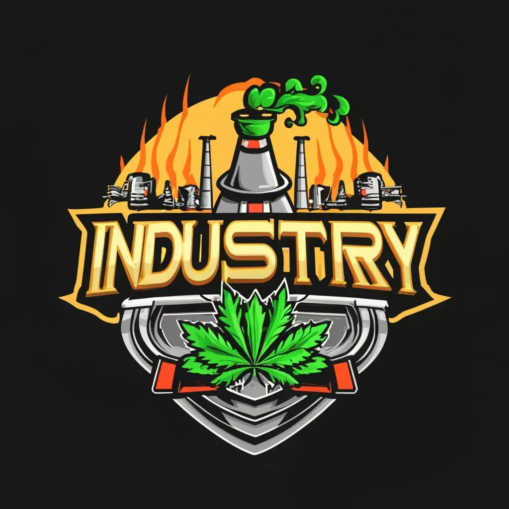 a logo design,with the text "INDUSTRY", main symbol:LOGO WITH MONOPOLY OR CARTOON CHARACTER TATTOOED WITH GUNS AND MARIJUANA LEAVES. AS A BACKGROUND AN IMAGE OF A STYLIZED INDUSTRY,Moderate,clear background