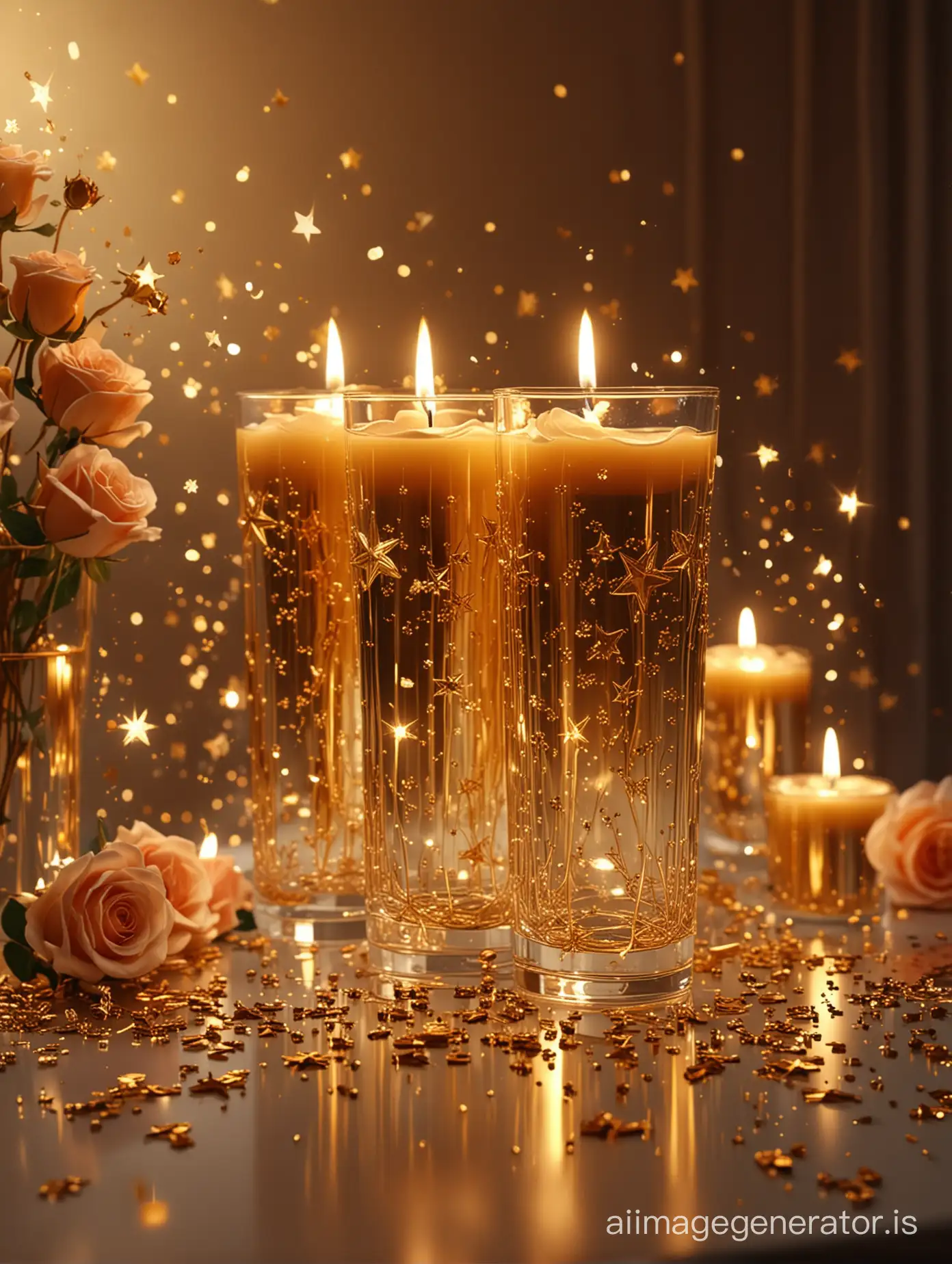 Golden candles in luxurious transparent glasses burn on a mirror surface, and gold stars artistically pay on the table, flashes, candles, beige roses, deep 4D background, light blames there and golden stars fly, cinema photo, atmospheric lighting, aesthetic composition, art from Daniela Uhlig, surreal, photo, illustration, 3D render, Oktan render, bright, neon background