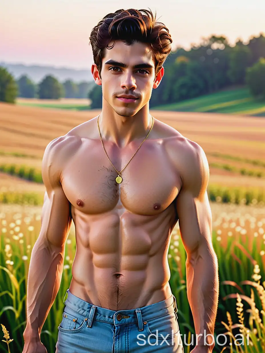 youthful fit and built Adonis-like Cameron Boyce, with hairy chest and eight pack abs shirtless in vintage ripped jeans, in a midwestern meadow during fall at sunset, vibrant volumetric lighting on face and eyes, medium upper body shot, 16k, very high quality, very high resolution, 35mm camera, Adonis, nsfw, face and upper body portrait by Bruce Weber,