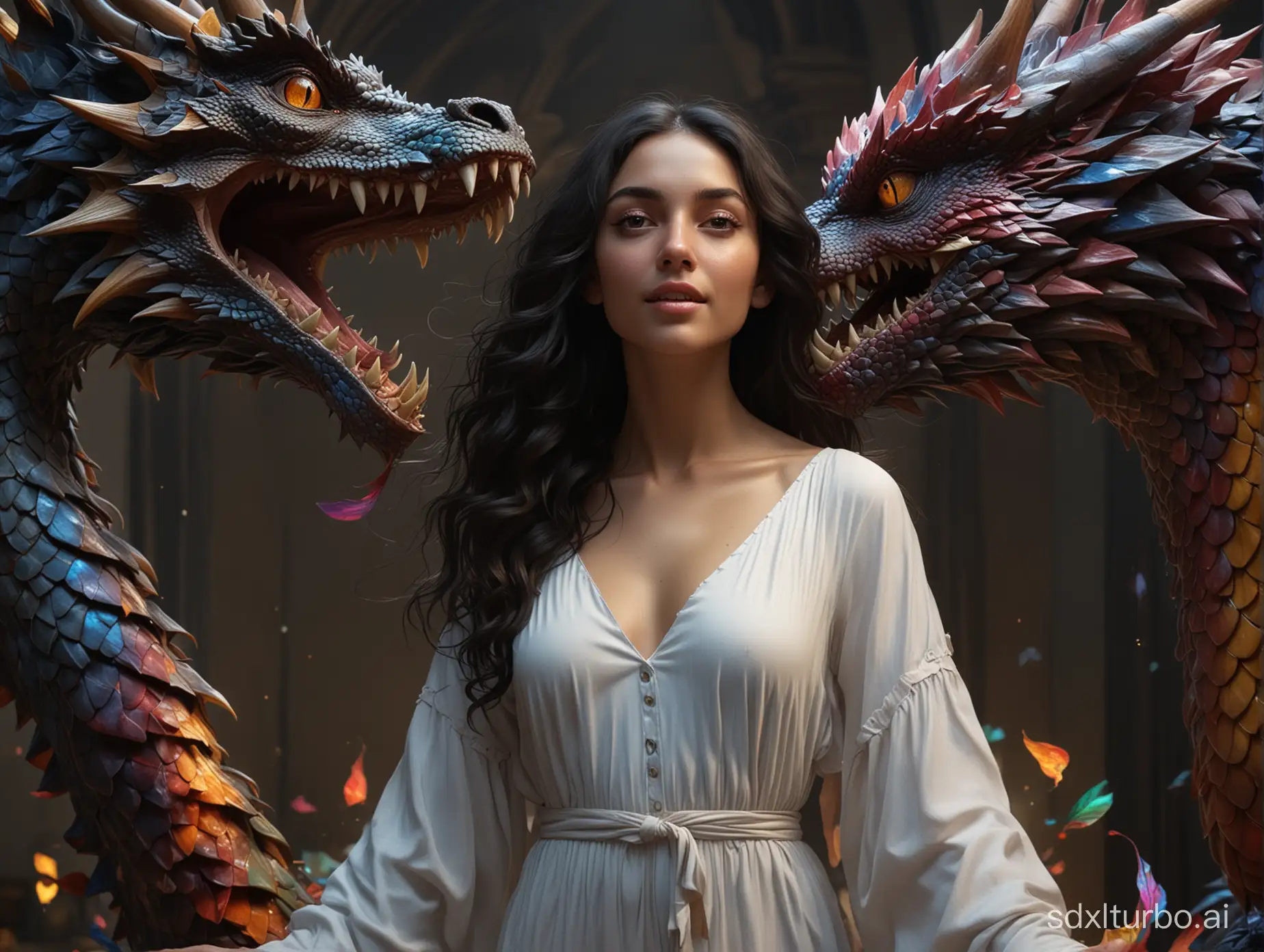 A beautiful young woman with black long hair wavy at the ends, dressed in a nightgown, looks in the eyes of (((one )))very beautiful huge dragon with colorful scales lifting her head up and a little bit smiling, perfect composition, beautiful detailed intricate insanely detailed octane render trending on artstation, 8 k, photorealistic concept art, soft natural volumetric cinematic perfect light, chiaroscuro, masterpiece, caravaggio, greg rutkowski