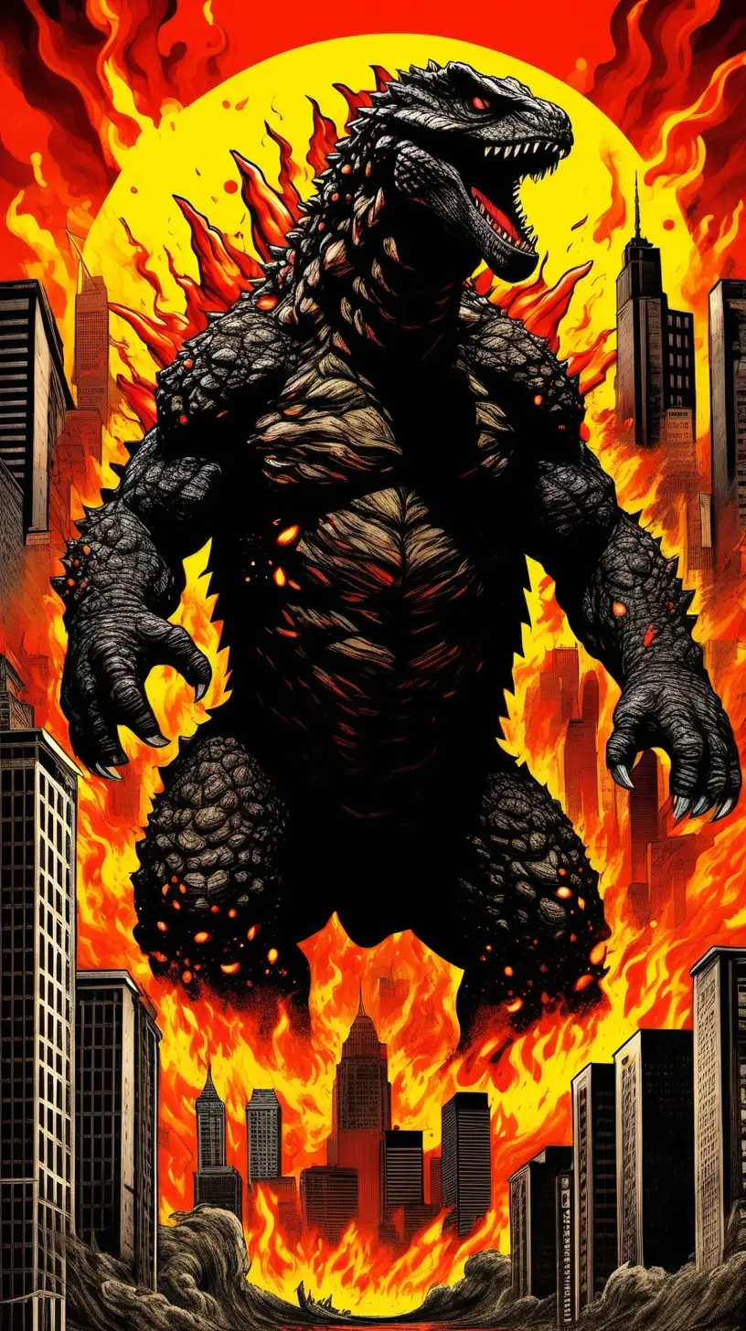 CREATE A Movie poster features a vivid and dramatic art style.In the background, visualize a city engulfed in flames, with a panicked crowd of people fleeing in terror, It employs a color palette dominated by deep blacks and dark grays for Godzilla himself, contrasted dramatically with fiery oranges and reds in the background, which depict destruction and chaos. Bright yellows and whites highlight explosive effects and Godzilla's fiery breath. The illustrative and hyper-realistic style emphasizes detailed textures and dramatic lighting, enhancing Godzilla's menacing presence. The composition is dynamic and cinematic, designed to evoke a sense of excitement and awe, typical of movie posters aiming to attract and thrill viewers.