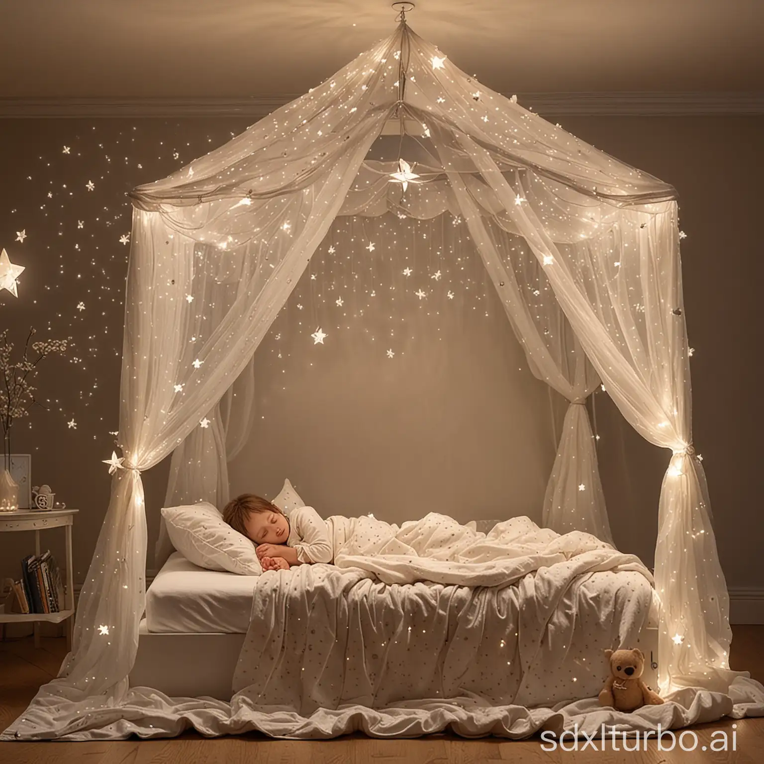 A little child is sleeping in a bed, which is equipped with a star-studded duvet and soft pillows. Above the bed hangs a canopy made of delicate, translucent fabric, illuminated by tiny LED lights that twinkle like stars. Glowing, fluorescent stars are attached to the walls of the room, casting a gentle glow in the dark. A music box on the nightstand plays a soothing melody, filling the space with a sense of calm. The child has snuggled into the blanket, closed their eyes and has a peaceful smile on their lips. Outside, the full moon shines and illuminates the room with soft, silvery light, while the gentle rustling of leaves in the night breeze can be heard.