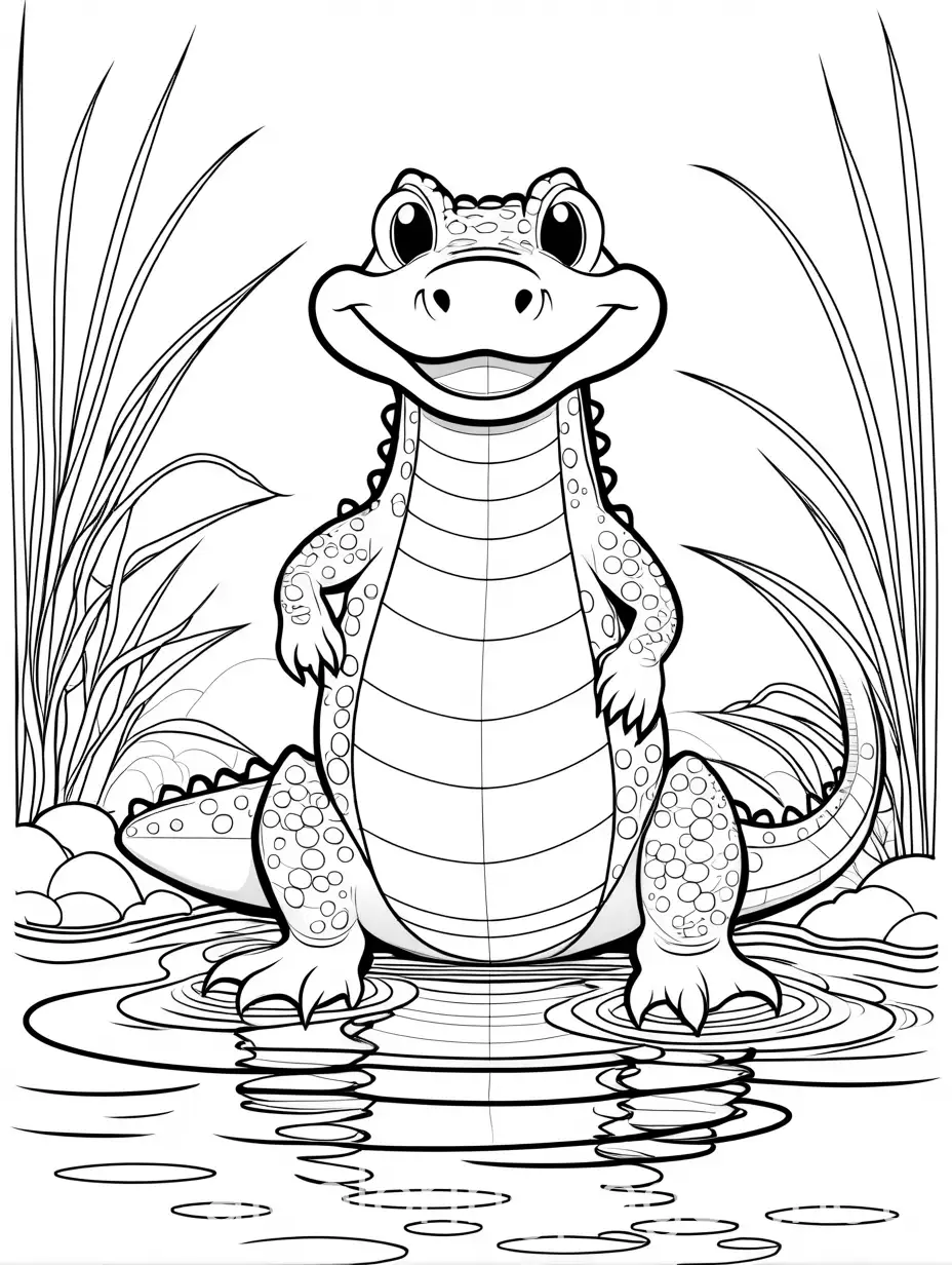 a friendly alligator in a pond , Coloring Page, black and white, line art, white background, Simplicity, Ample White Space