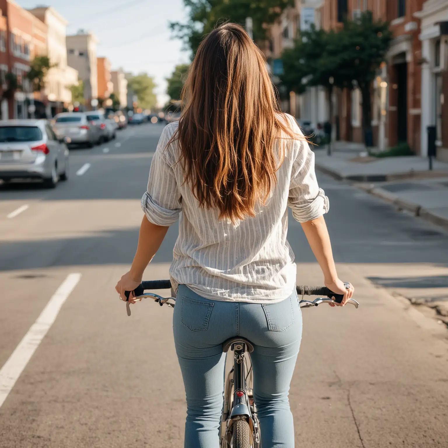 一个年轻美国女性的背影，穿休闲衣服，这个女性正在街道上骑自行车
