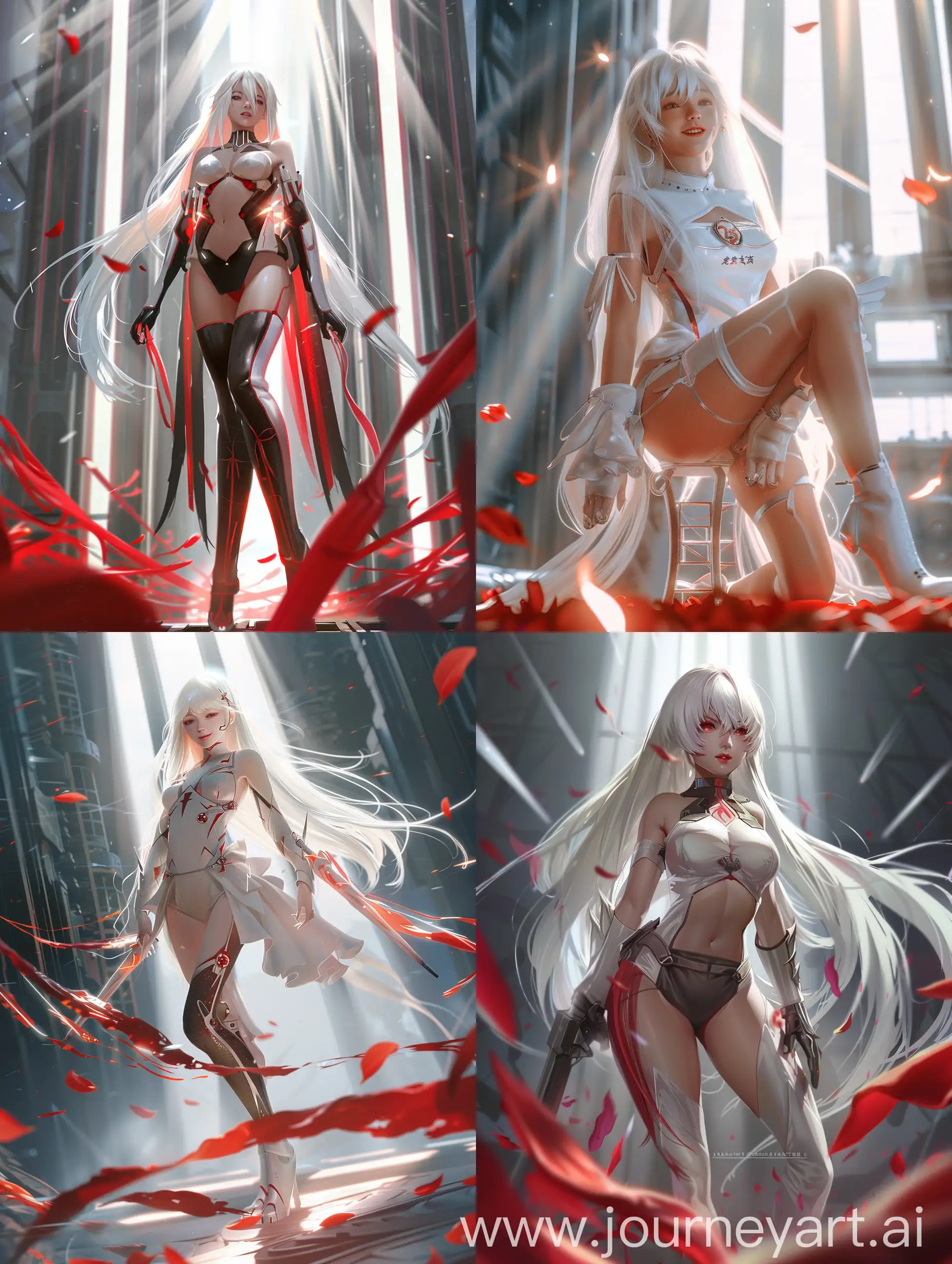 incredibly absurdres, game cg, in summer, moody lighting, background light, smile, mature_female, thigh_holstey, Industrial wind, Chinese architecture, curvy, (neon genesis evangelion1.4), (white hair), (((red streaked hair))), (((full body))), light shafts, soft focus, Long hair, (((masterpiece))), ((ultradetailed)), flowing hair, Exquisite Flame, dynamic angle, floating, (shine), extremely delicate and beautiful girls, bright skin, lying red petals, Holy lighting, 