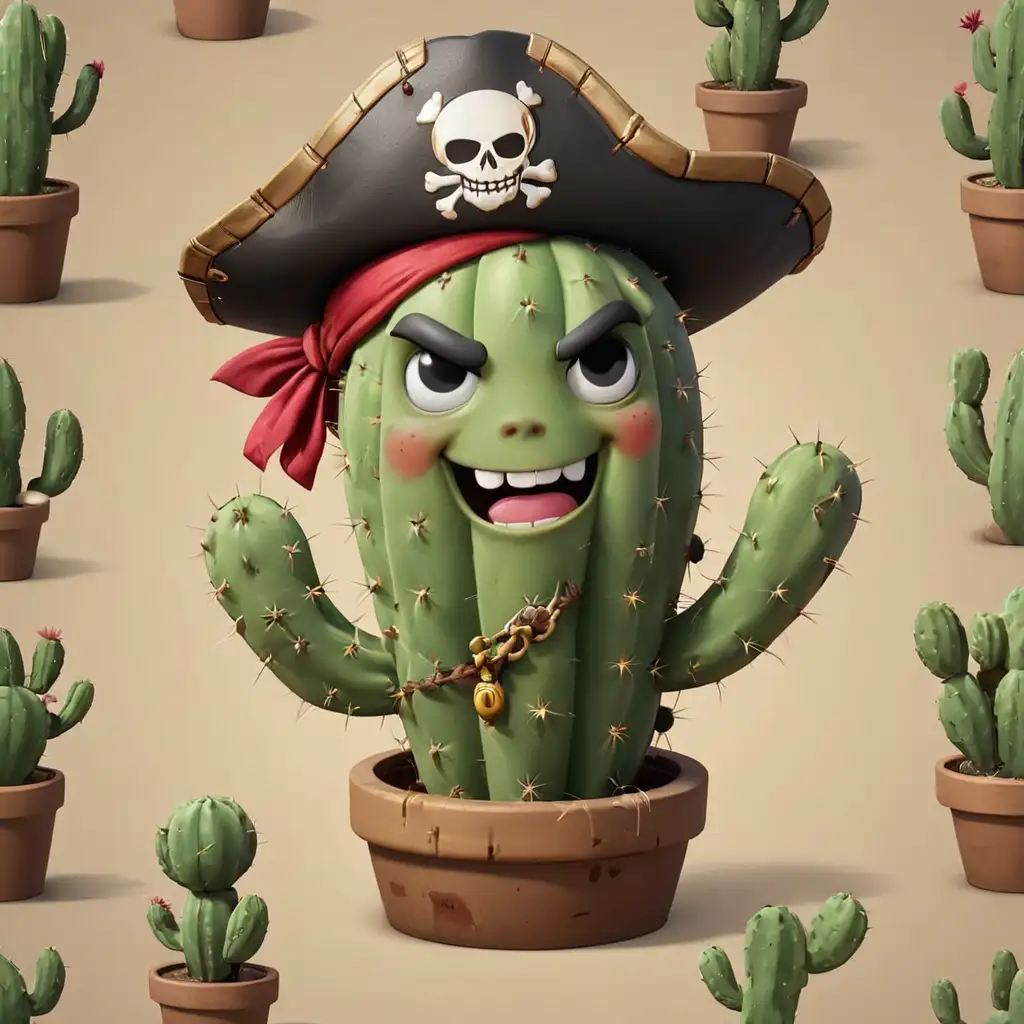 Playful Emoji Cactus Pirate in Colorful Desert Landscape
