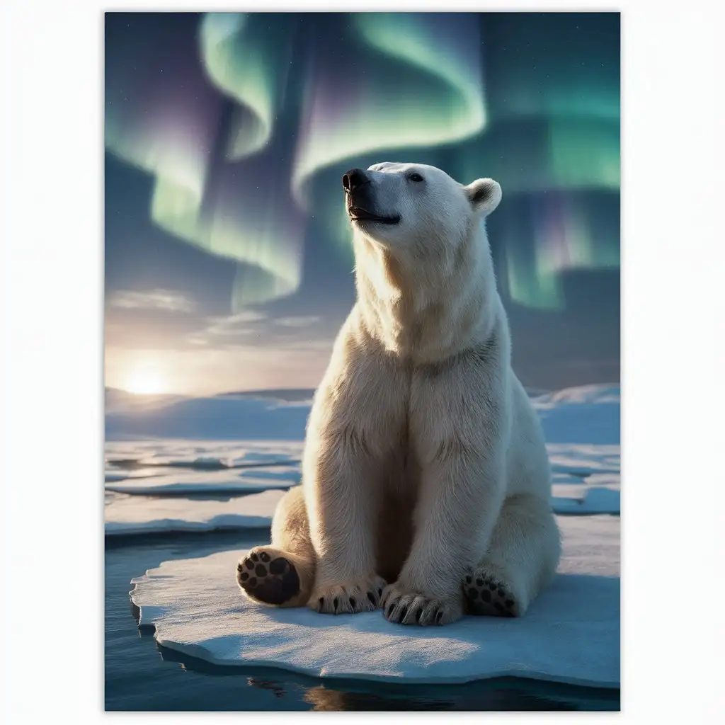 un ours polaire, assis sur la banquise, il a le museau en l'air, il contemple une aurore boréale, il sourit, photographie, réaliste