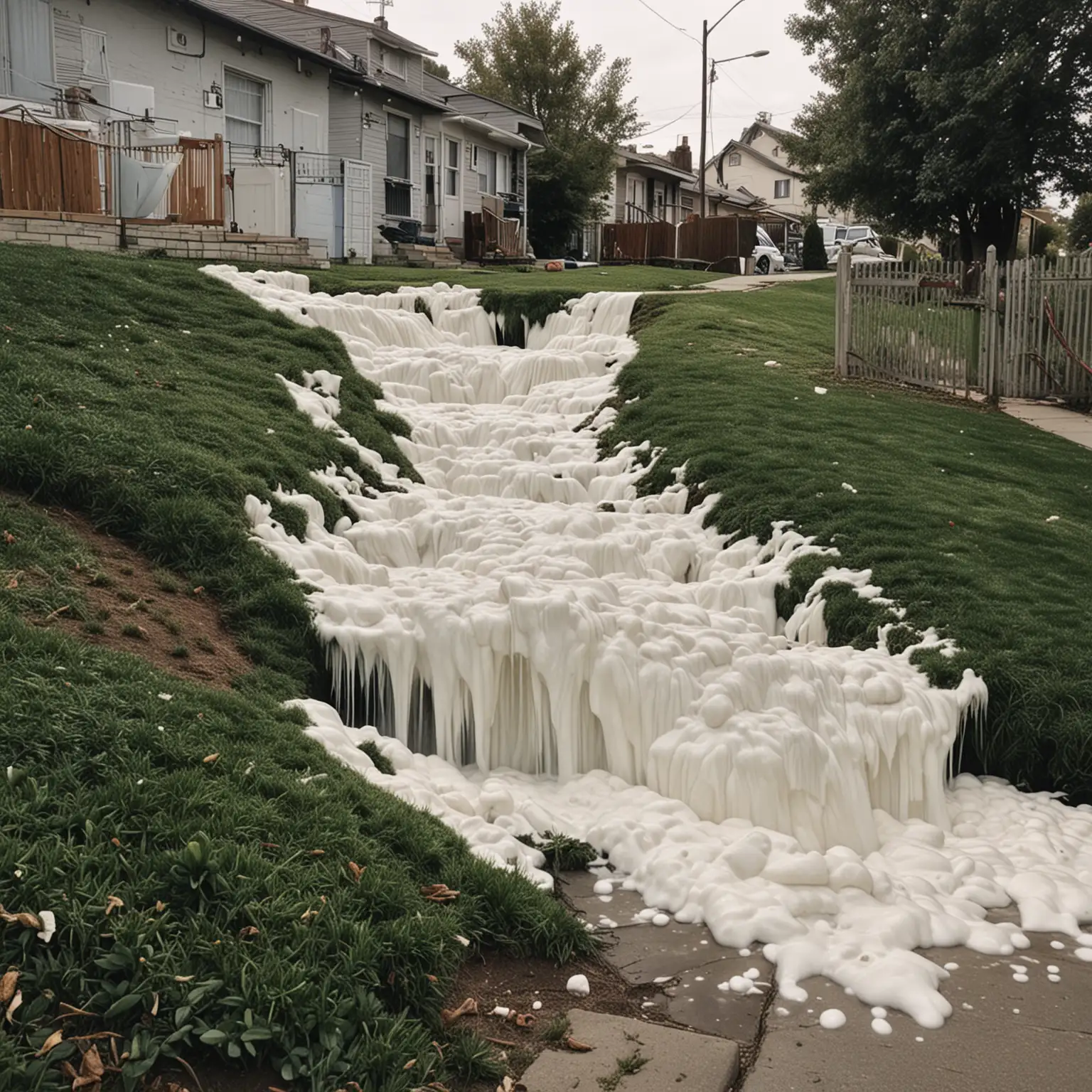 waterfall of milk in the middle of a neighborhood