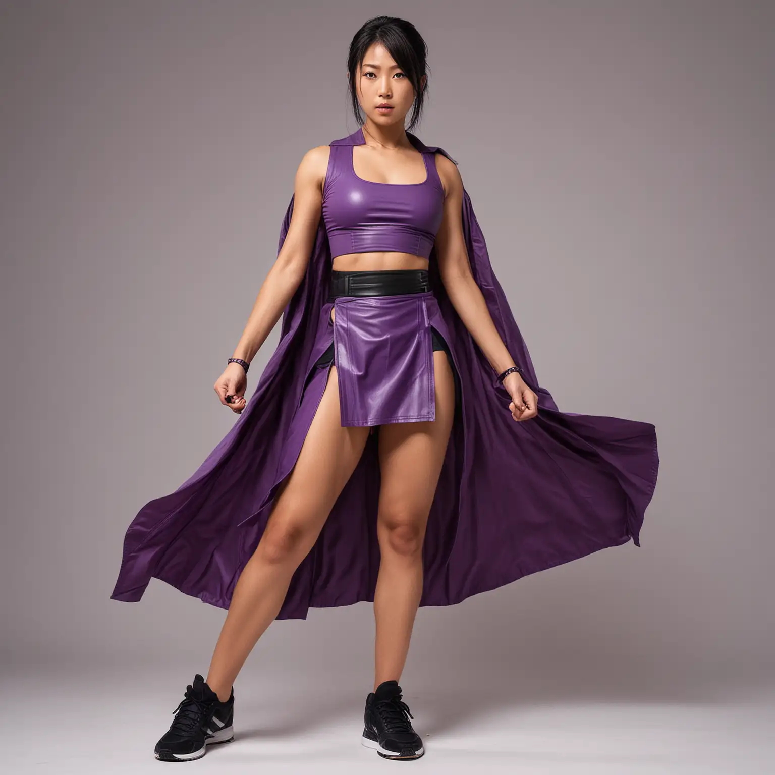 Muscular Japanese Woman in Purple Leather Dress and Karate Gi