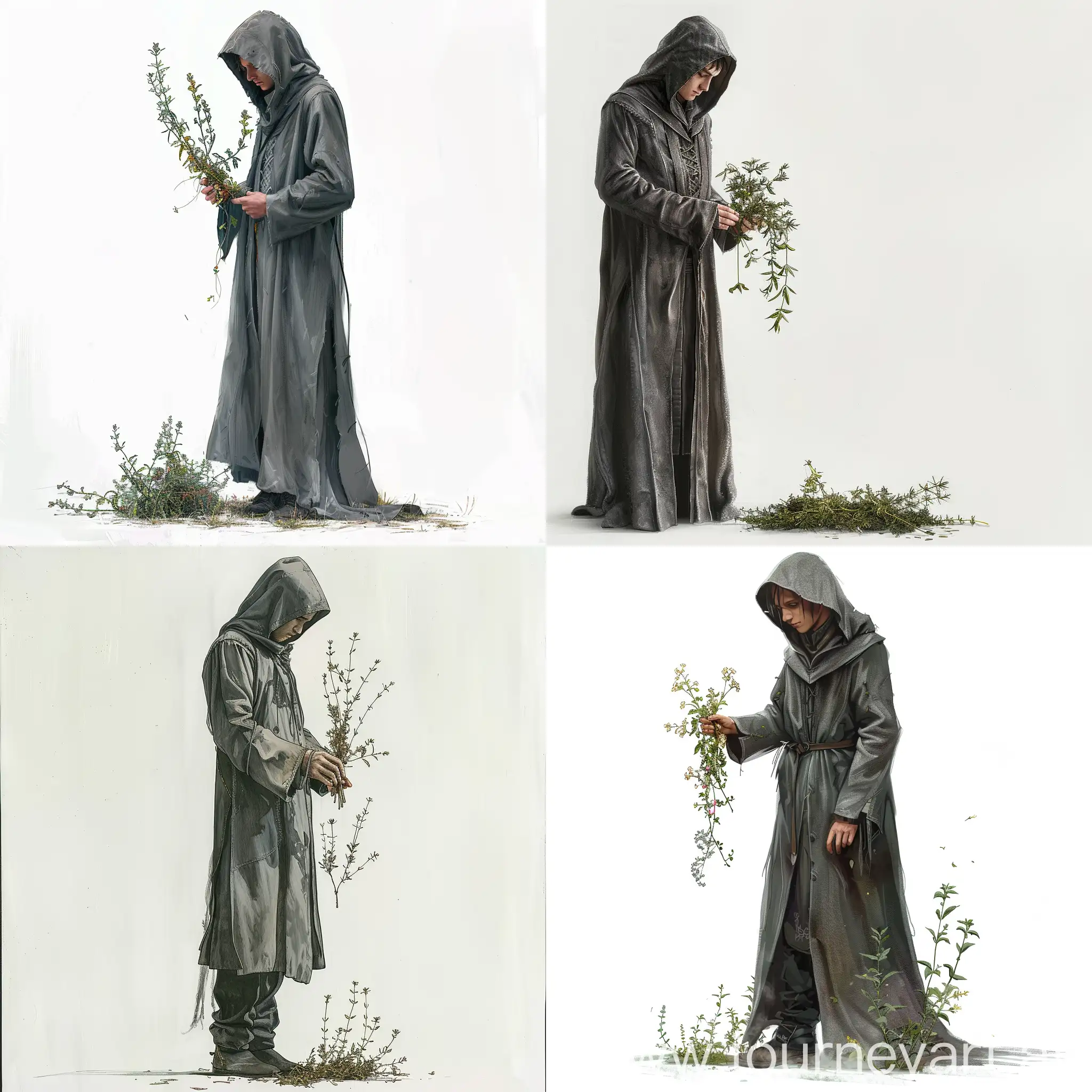 human wearing long grey coat, hooded, examinating herbs, white background, medieval style art, male, young, Standing tall