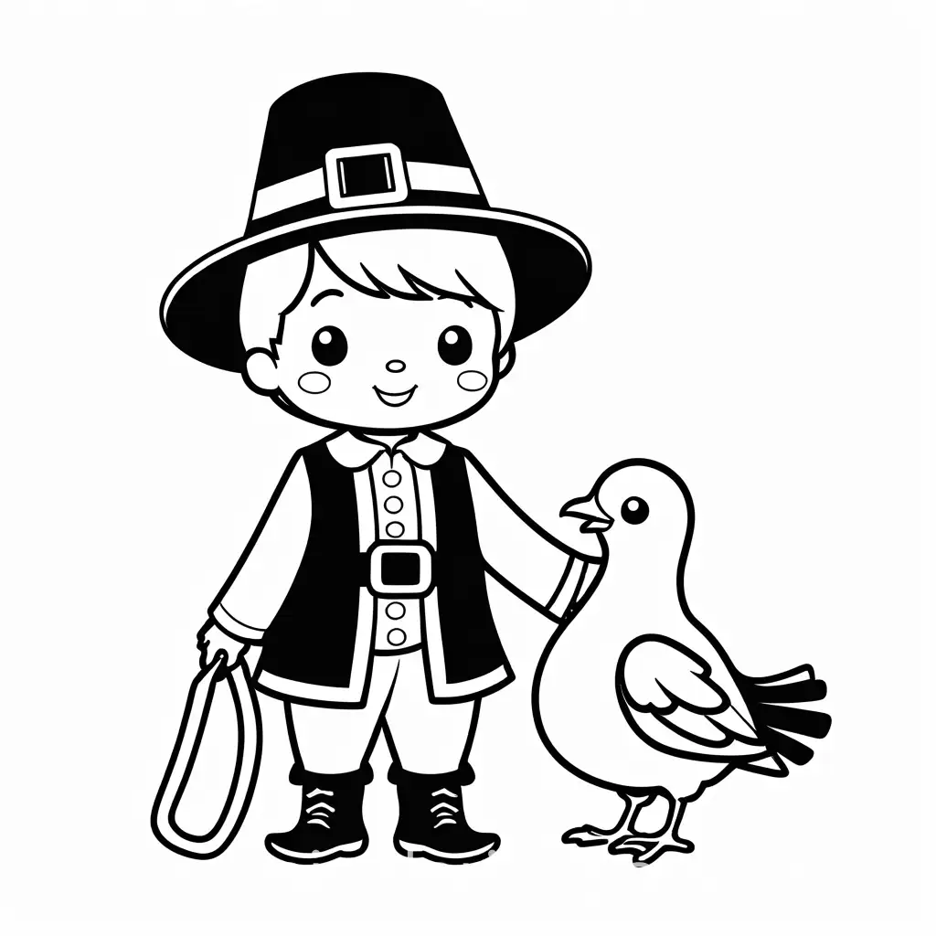 cute kawaii thanksgiving pilgrim boy with pet turkey on a leash, Coloring Page, black and white, line art, white background, Simplicity, Ample White Space. The background of the coloring page is plain white to make it easy for young children to color within the lines. The outlines of all the subjects are easy to distinguish, making it simple for kids to color without too much difficulty