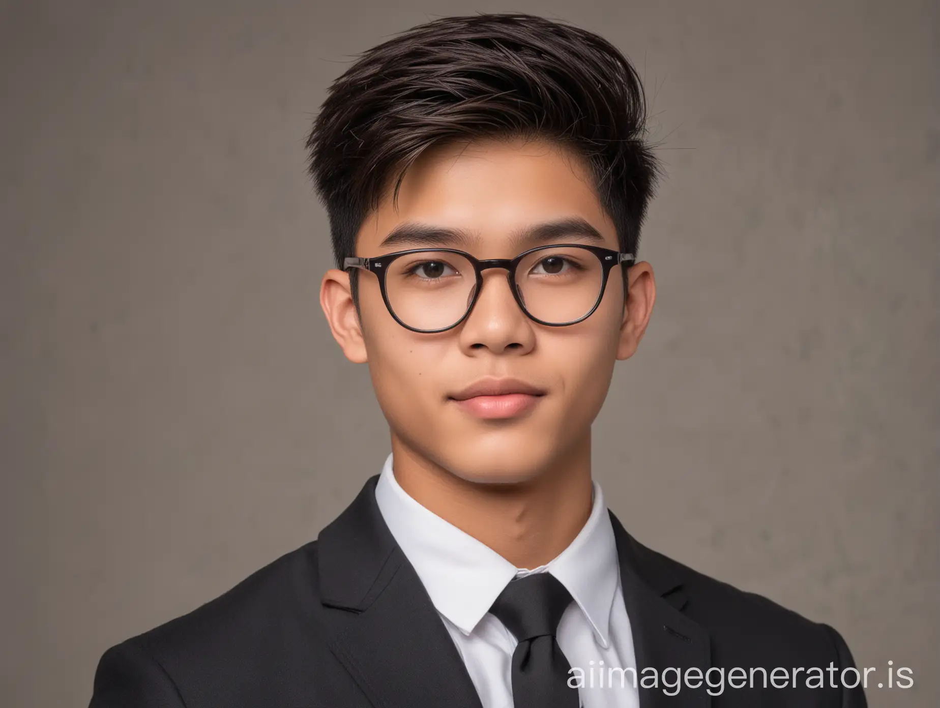 18 year old filipino teen male fair skin slightly lighter tone posing for a LinkedIn photo in formal wear solid and light forming in background wearing thin framed glasses with mid part fade haircut