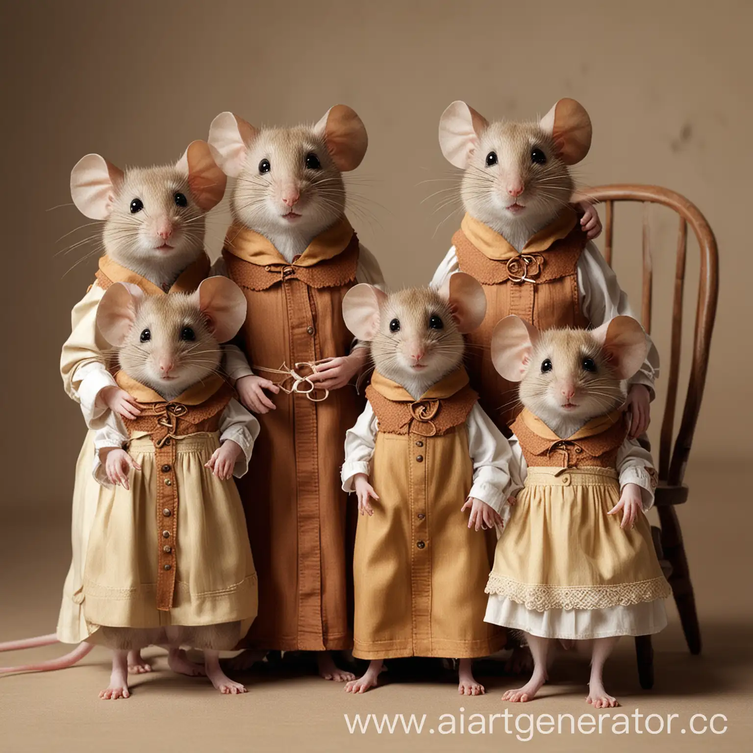 семейство мышей, одетых по-человечески, стоит вокруг кресла
