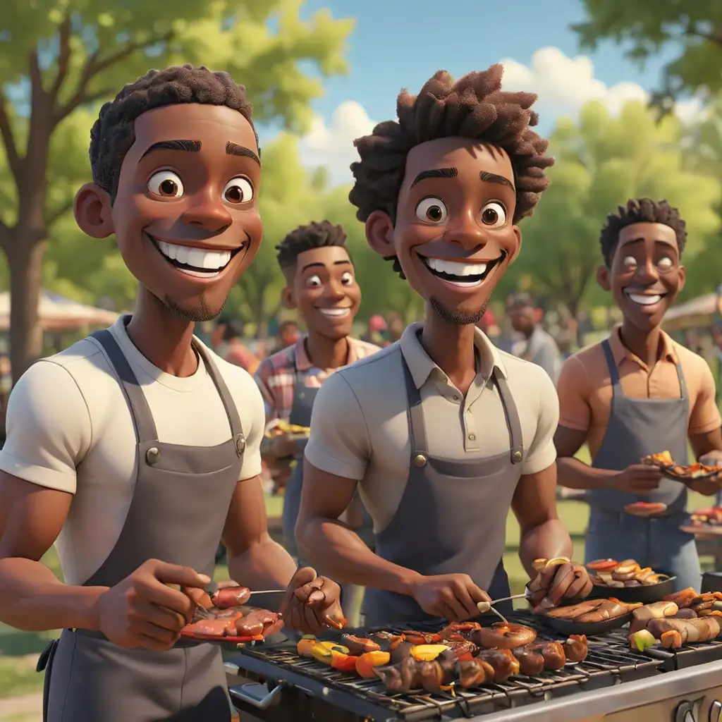 detailed 3D cartoon-style african american men barbequing in the park smiling in new mexico 