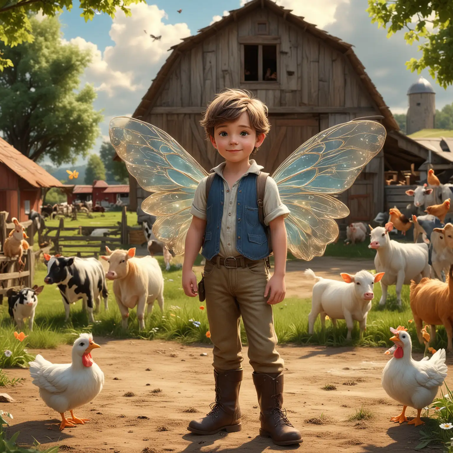 Charming Disneystyle Fairy Boy Amidst Farm Animals and Barn