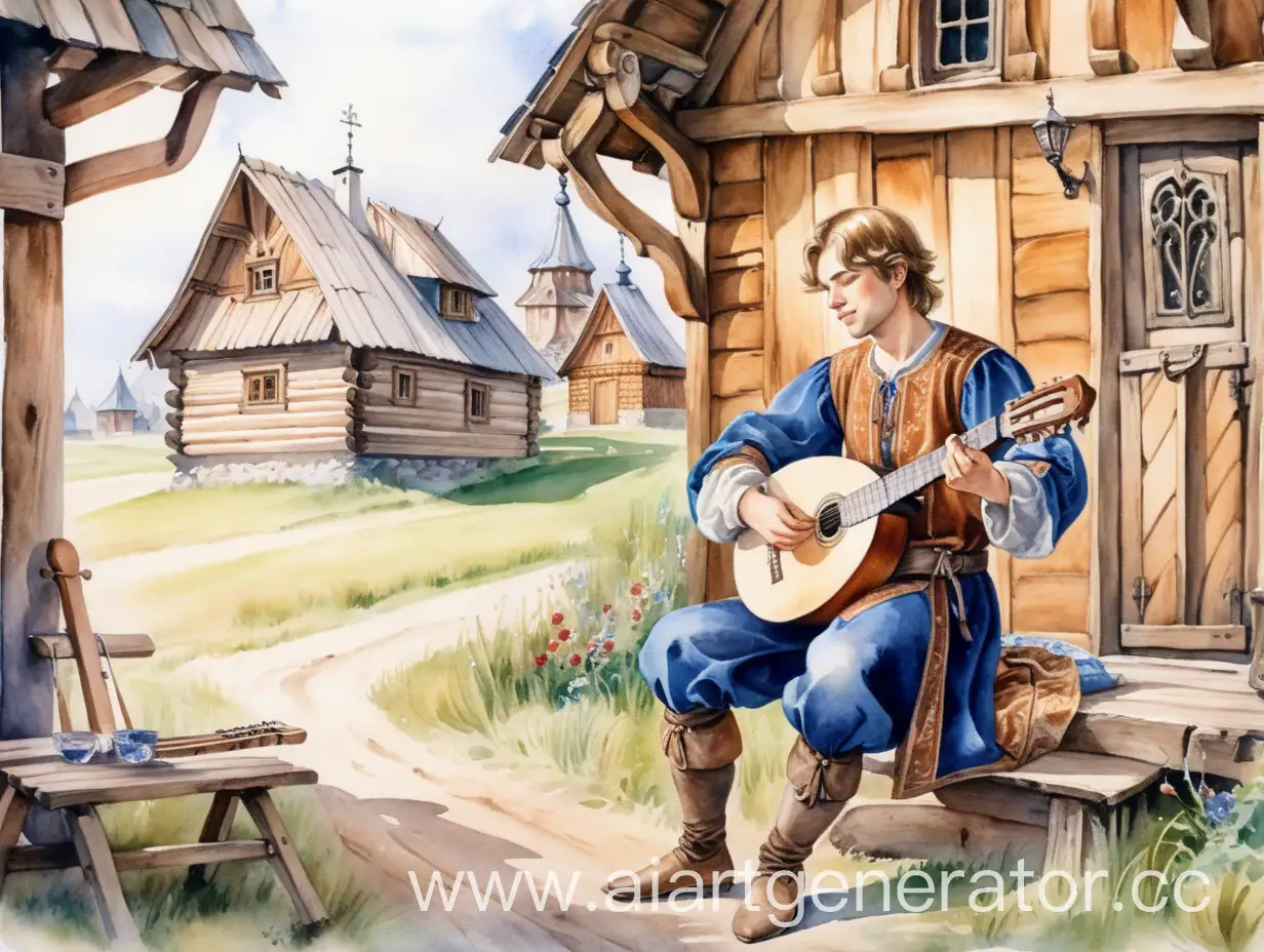 молодой парень со светлыми русыми волосами в дорогой средневековой одежде играет на лютне рядом с деревянным домом в русской деревне с деревянными домами, watercolor painting